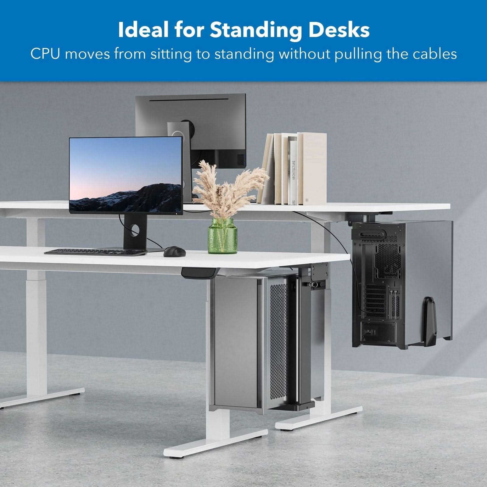 Ideal for Standing Desks  
CPU moves from sitting to standing without pulling the cables