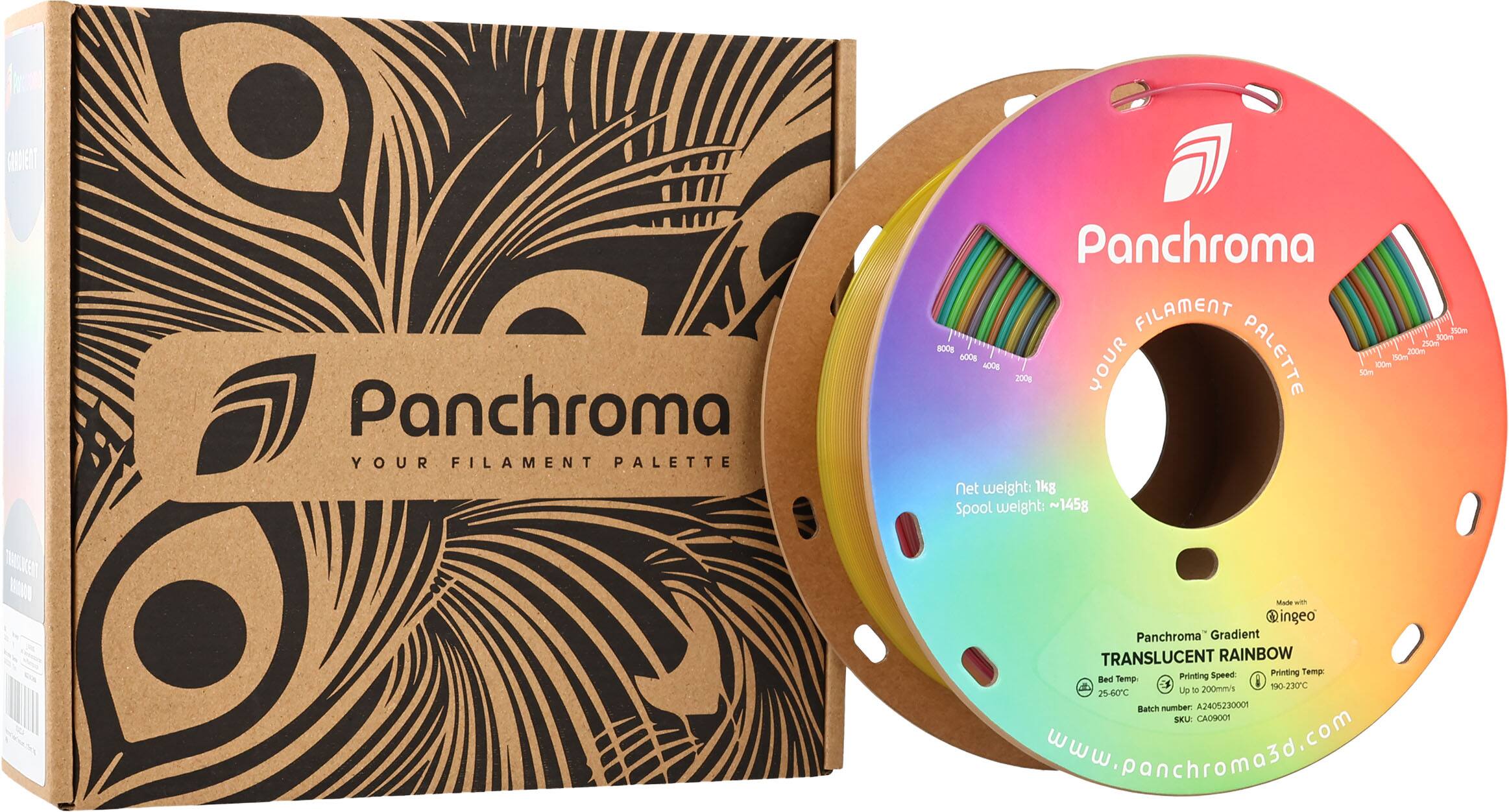 Panchroma Filament Palette:

* 550m: 300m, 250m, 8006
* 200m: 500m, 50m, 400m, 200g
* 50m: 100m, 50m, 100g
* 100m: 200m, 50m, 100g

Net weight: 1kg
Spool weight: ~145g

Made with Ingeo Panchroma Gradient Translucent Rainbow.
Speed: Printing 200mm/s, Printing Temp: 190-230C, Bed Temp: 25-60C.

Up batch number: A2405230001
SKU: CA09001
Website: [www.panchroma5d.com](http://www.panchroma5d.com)