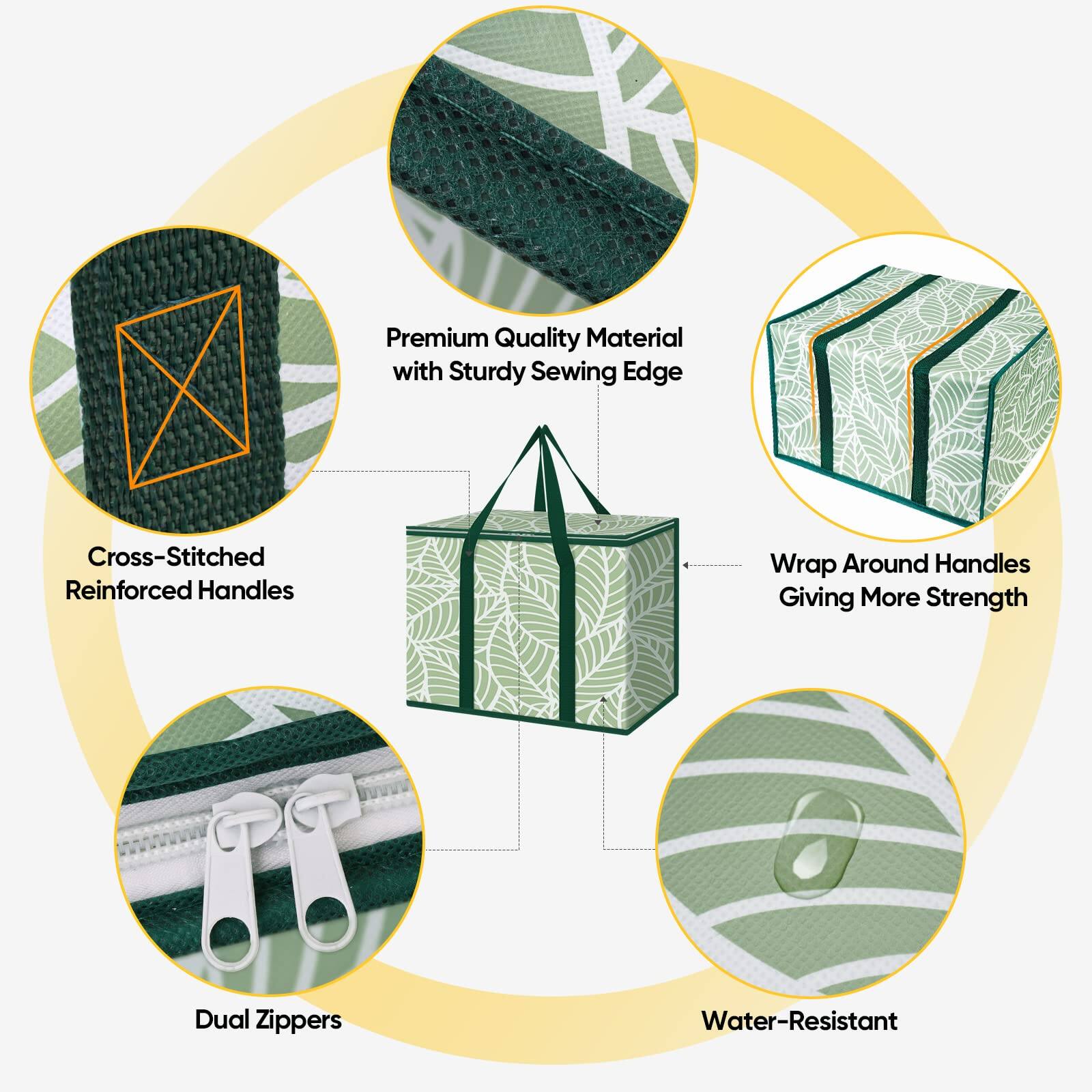 Premium Quality Material with Sturdy Sewing Edge  
Cross-Stitched Reinforced Handles  
Wrap Around Handles Giving More Strength  
Dual Zippers  
Water-Resistant