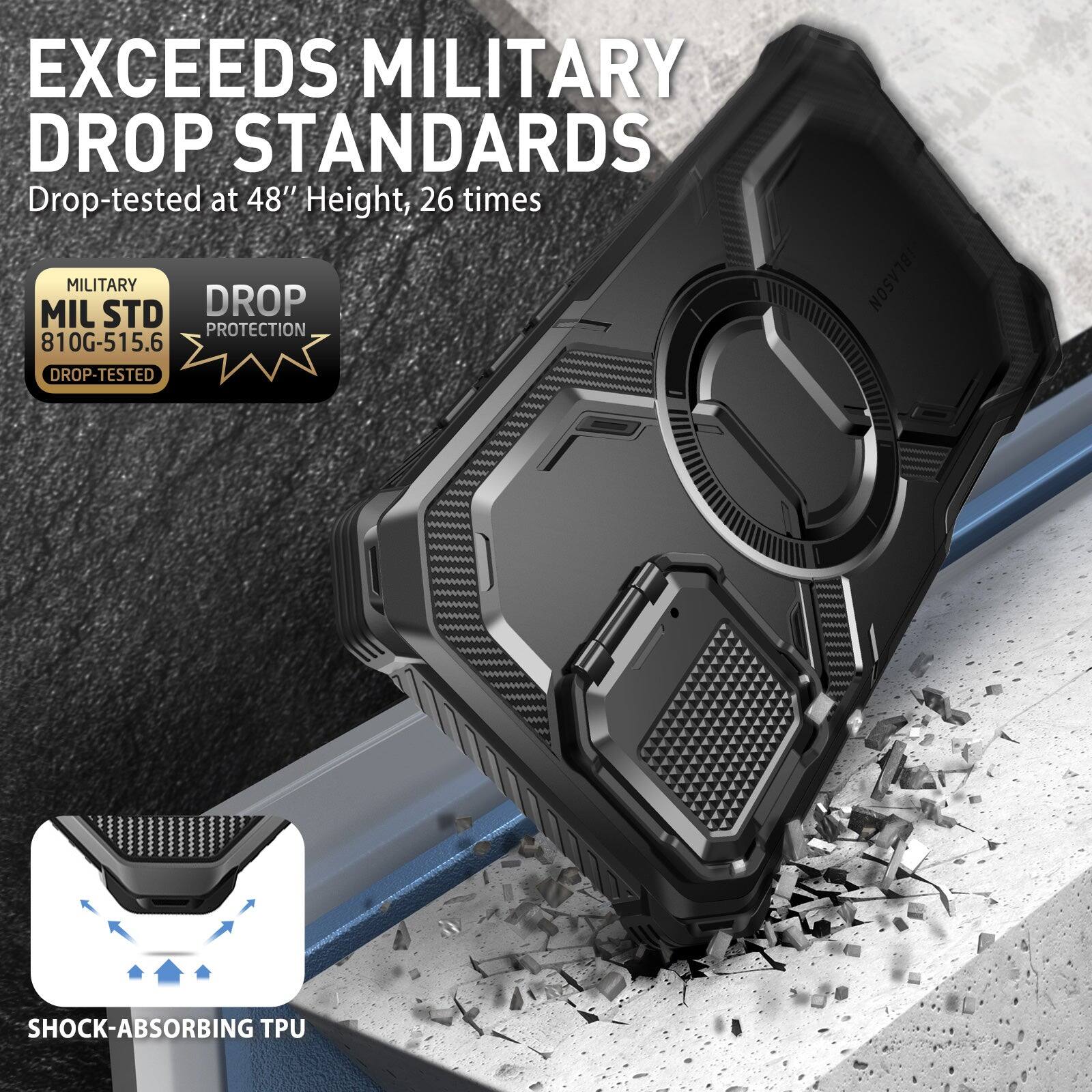 EXCEEDS MILITARY DROP STANDARDS  
Drop-tested at 48" Height, 26 times  

MILITARY  
MIL STD 810G-515.6  
DROP-TESTED  

DROP PROTECTION  

SHOCK-ABSORBING TPU