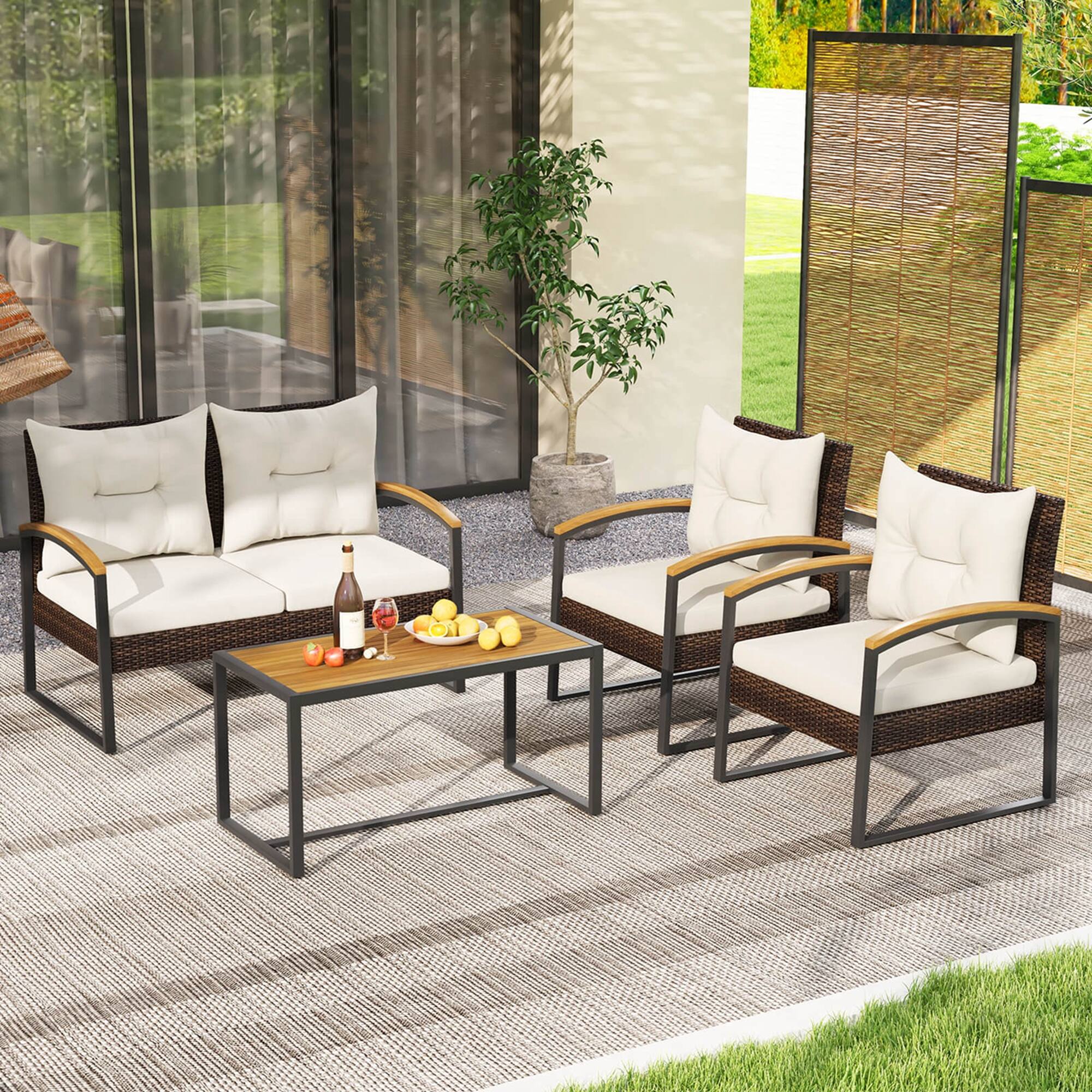 Alt View 4. Costway - 4 PCS Patio Conversation Set with Coffee Table Solid Acacia Wood Armrests Tabletop - Mix Brown,Off White.
