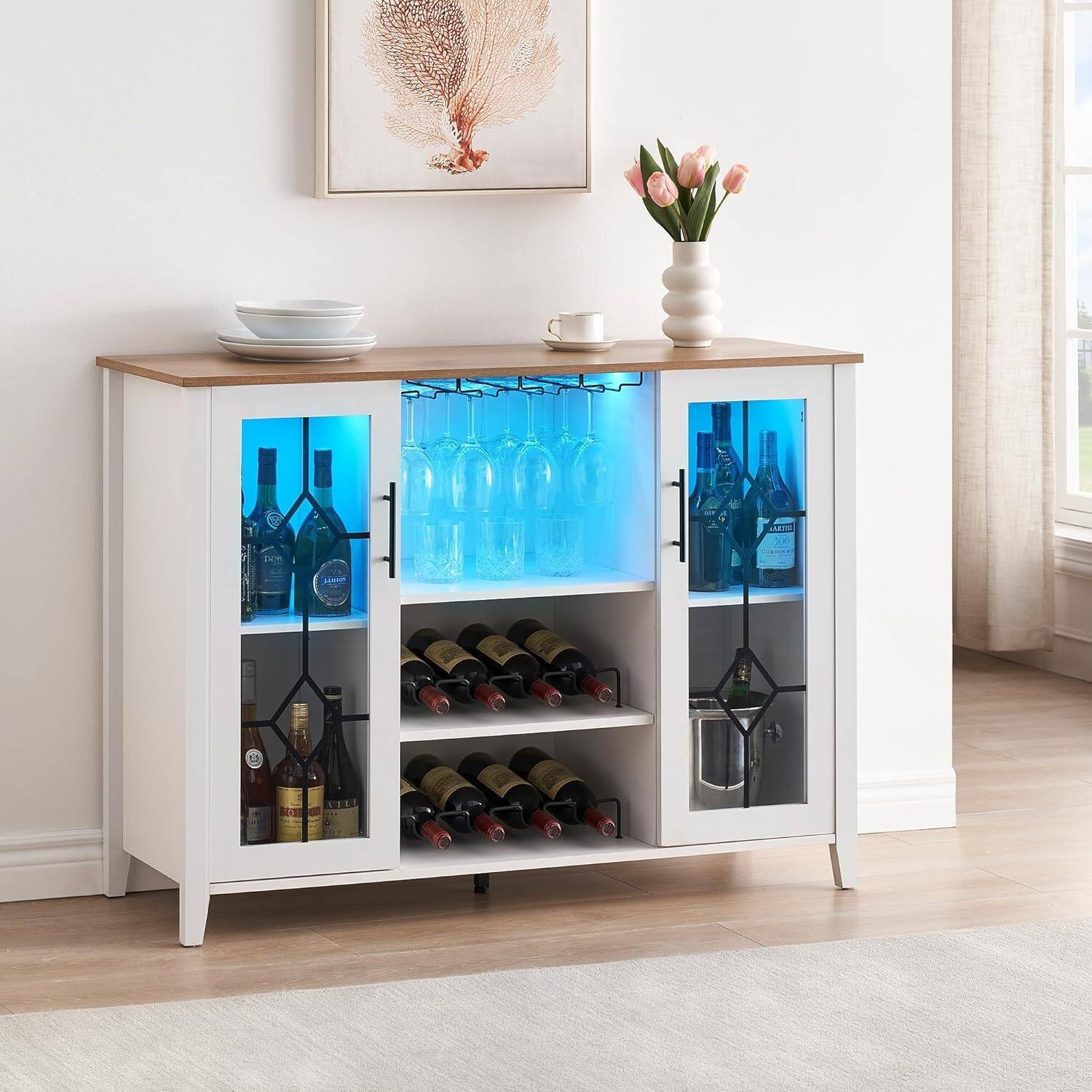 Front. Homhougo - Wine Bar Cabinet with LED Lights, Modern Liquor Storage, Wine Rack, Glass Holder, Adjustable Shelves - White.