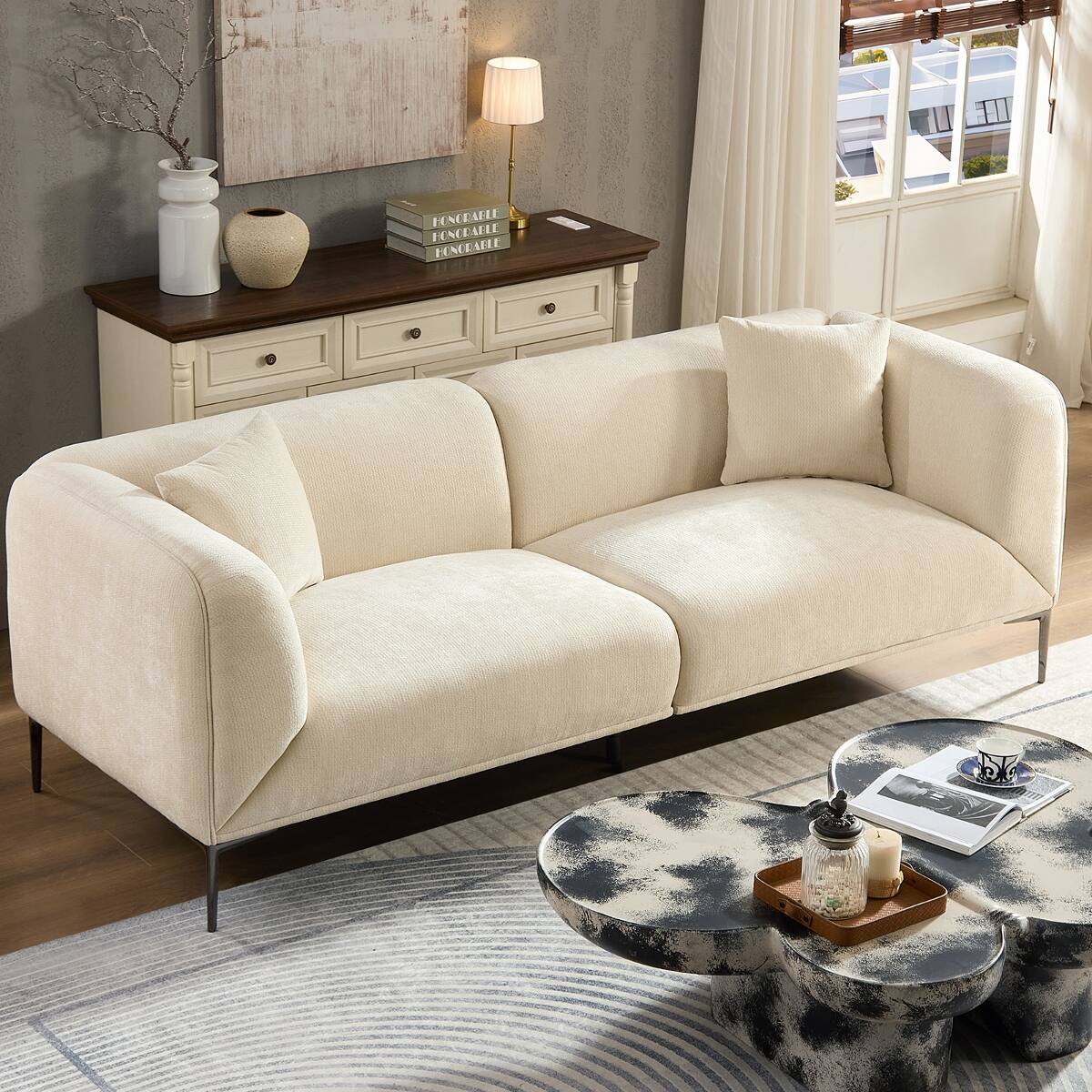 Ropilly modern beige 3 seater sofa, boucle fabric sofa with curved arms ...