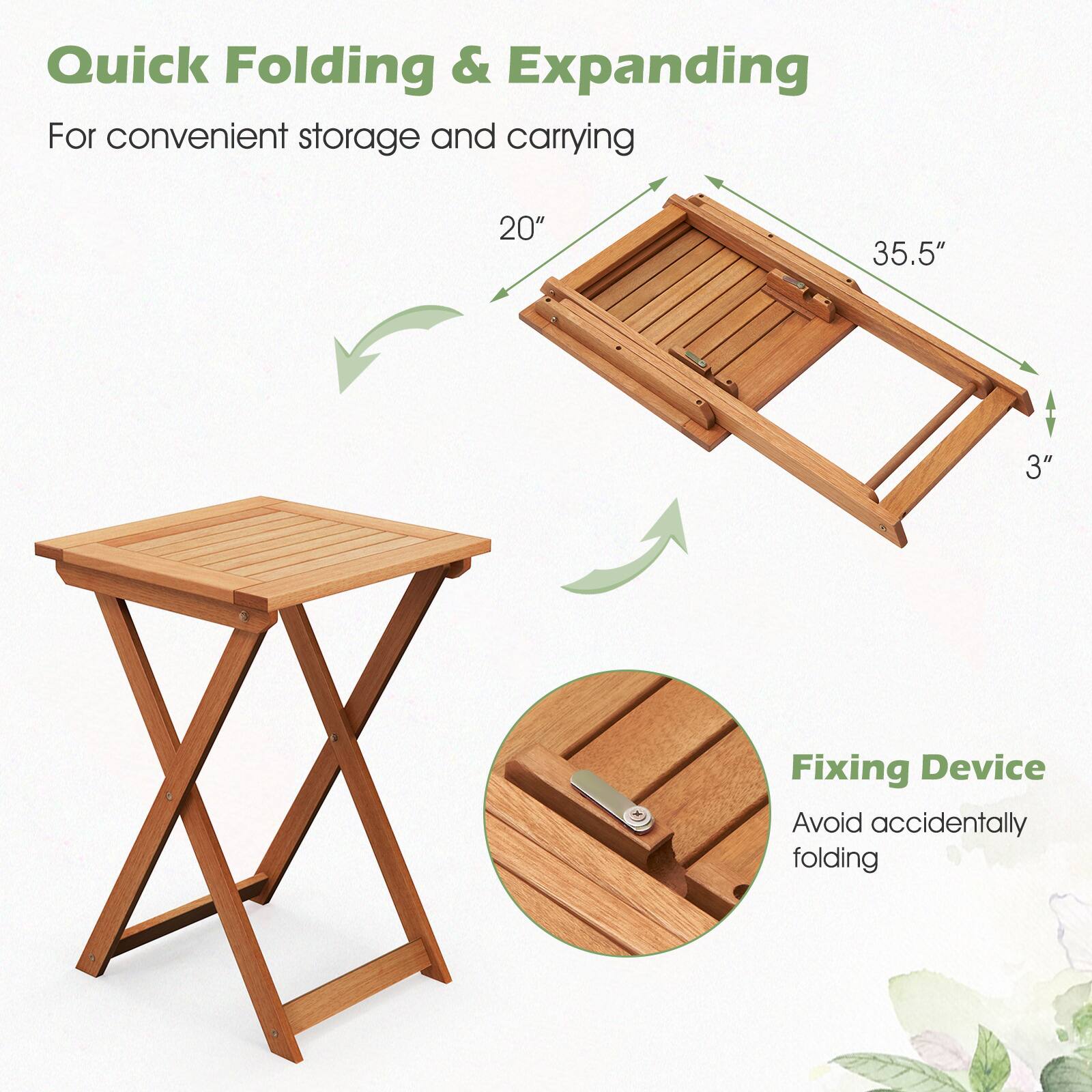 Quick Folding & Expanding  
For convenient storage and carrying  

20"  
35.5"  
3"  

Fixing Device  
Avoid accidentally folding