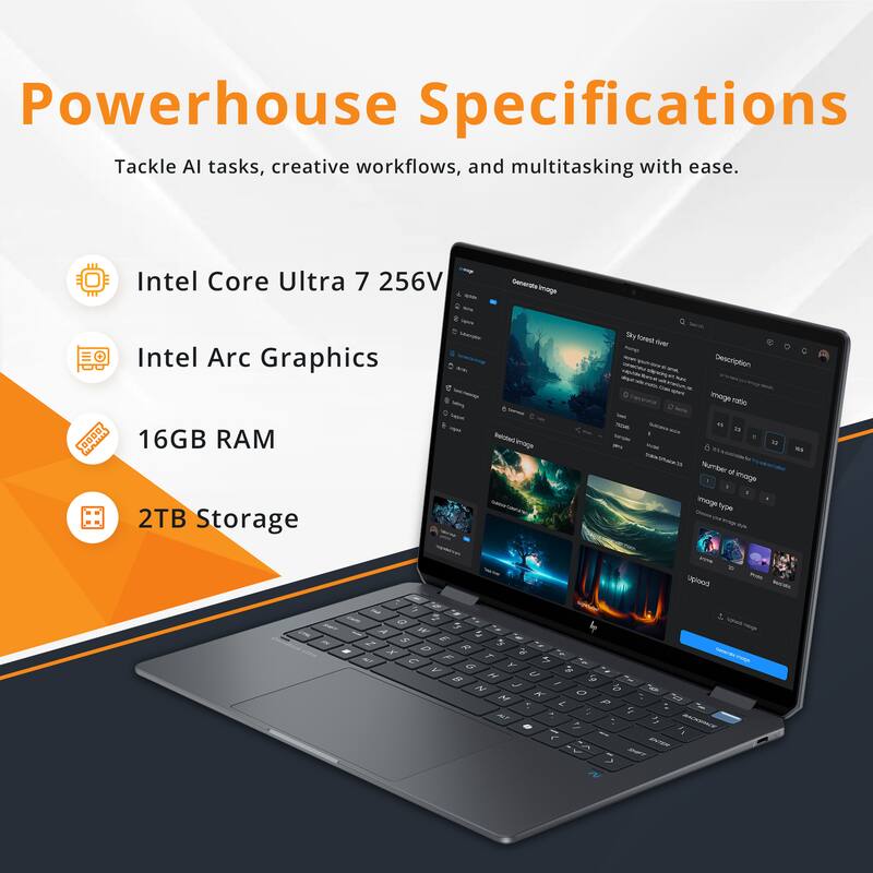 Powerhouse Specifications  
Tackle AI tasks, creative workflows, and multitasking with ease.  

- Intel Core Ultra 7 256V  
- Intel Arc Graphics  
- 16GB RAM  
- 2TB Storage