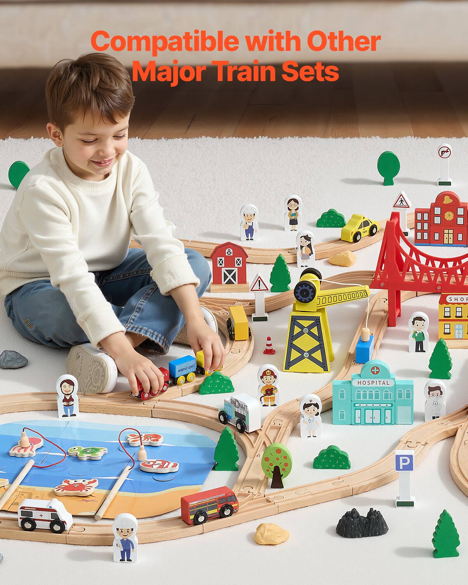 VEVOR Wooden Train Set, 39PCS, Wood Train Track with Magnetic Trains ...