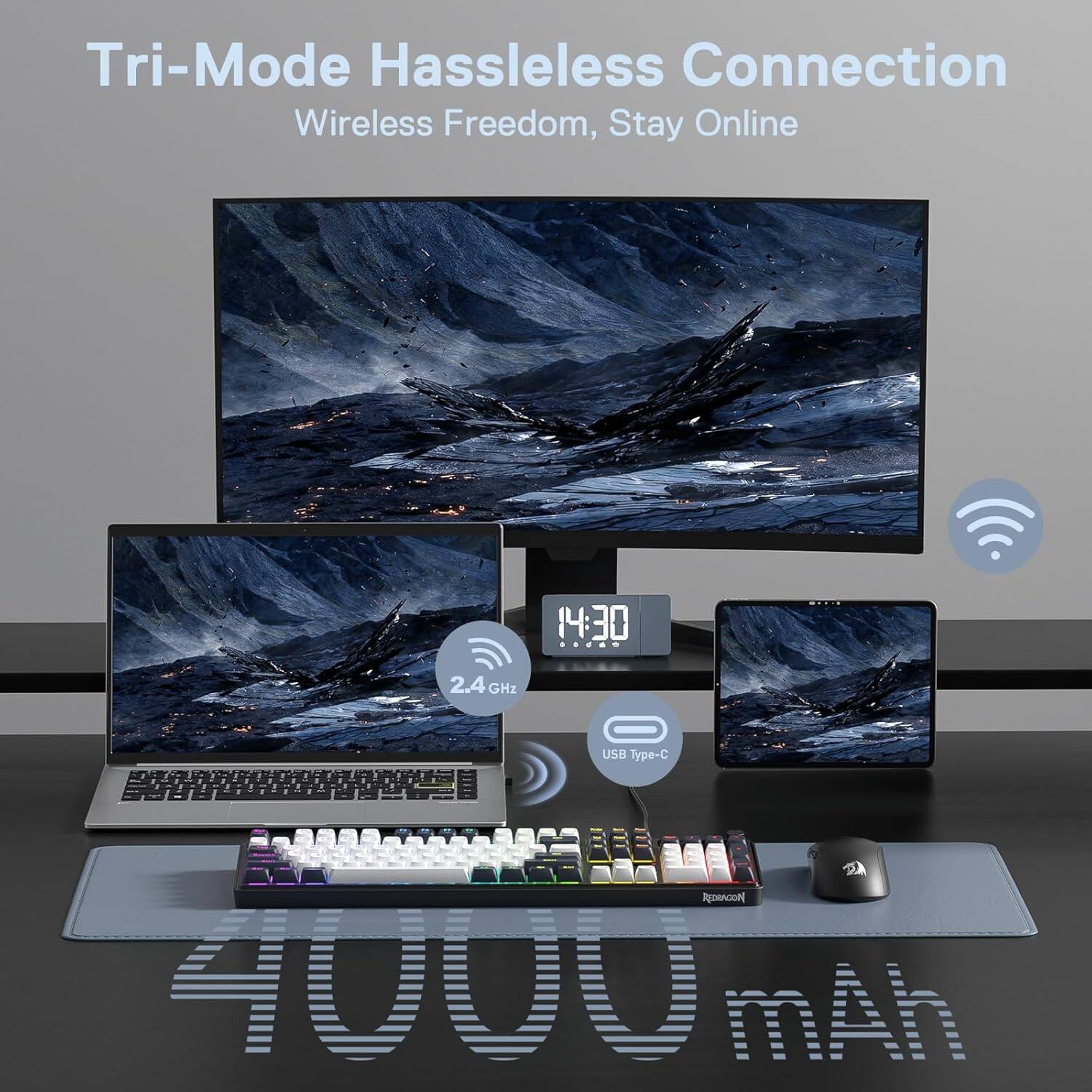 Tri-Mode Hassleless Connection Wireless Freedom, Stay Online

14:30

2.4 GHz

USB Type-C

4000 mAh