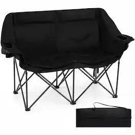 Gymax - Double Camping Chair w/ Cup Holders Glass Racks & Mesh Pockets Carry Bag - Black