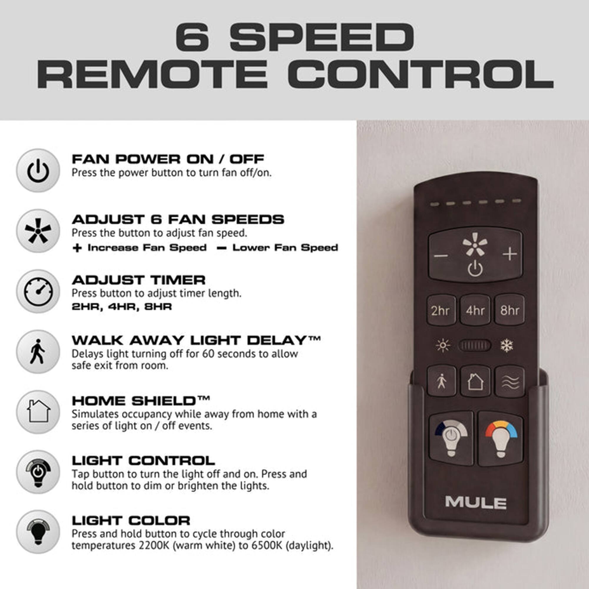 6 SPEED REMOTE CONTROL

FAN POWER ON / OFF
Press the power button to turn fan off/on.

ADJUST 6 FAN SPEEDS
Press the button to adjust fan speed.
+ Increase Fan Speed
- Lower Fan Speed

ADJUST TIMER
Press button to adjust timer length.
2HR, 4HR, 8HR

WALK AWAY LIGHT DELAY
Delays light turning off for 60 seconds to allow safe exit from room.

HOME SHIELD
Simulates occupancy while away from home with a series of light on / off events.

LIGHT CONTROL
Tap button to turn the light off and on. Press and hold button to dim or brighten the lights.

LIGHT COLOR
Press and hold button to cycle through color temperatures 2200K (warm white) to 6500K (daylight).

MULE