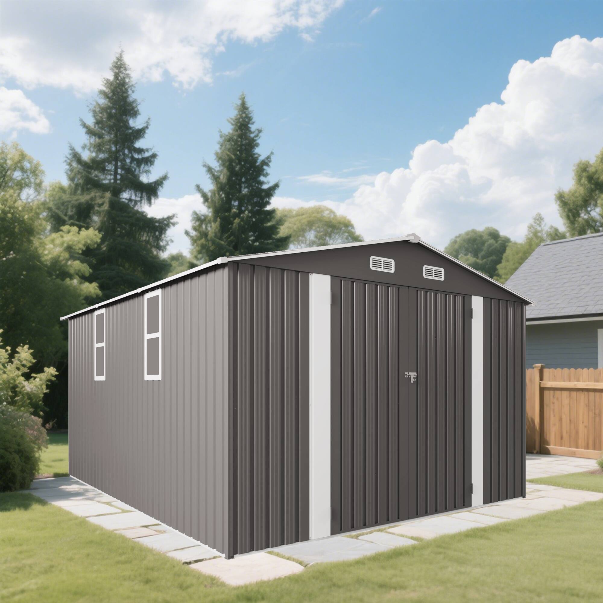 Alt View 1. APRILSOUL - 10ft Wide Galvanized Steel Shed Lockable Double Door Storage Workshop - Gray.