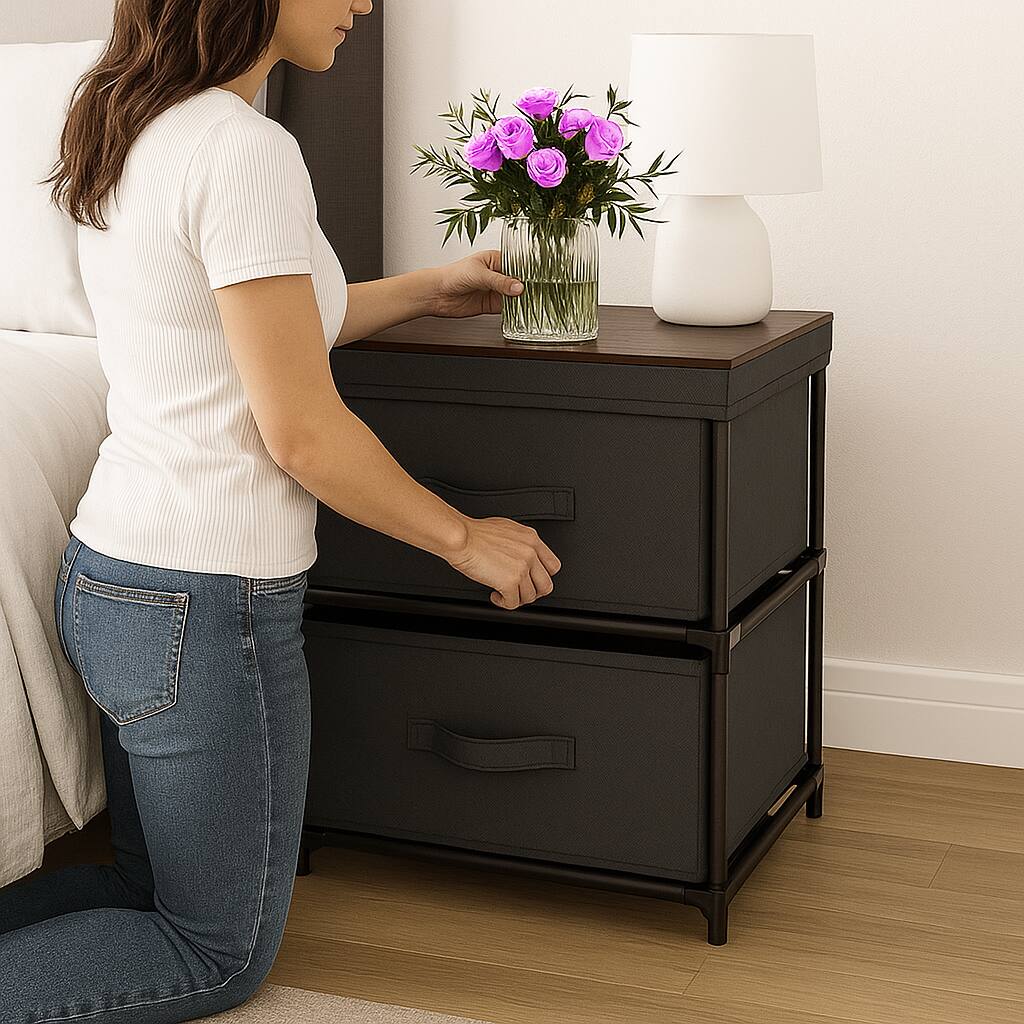 Angle. Hivvago - Fabric Drawer Side Table with Dual Storage Compartments - Grey.