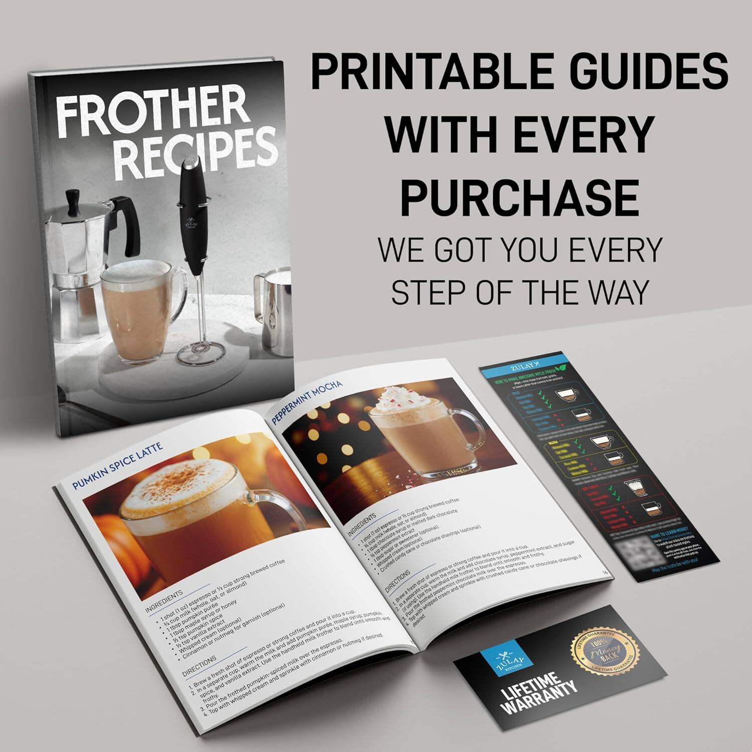 PRINTABLE GUIDES WITH EVERY PURCHASE  
WE GOT YOU EVERY STEP OF THE WAY  

FROTHER RECIPES  

PUMPKIN SPICE LATTE  
INGREDIENTS  
- 1 cup strong brewed coffee  
- 1/2 cup milk (whole, 2%, or almond milk)  
- 1/2 cup pumpkin puree  
- 1 tsp vanilla extract  
- 1 tsp cinnamon  
- 1/2 tsp nutmeg  
- 1/4 tsp ginger (optional)  
- Whipped cream (optional)  
- Cinnamon (for topping)  

DIRECTIONS  
1. Brew your coffee and let it cool.  
2. In a blender, combine the coffee, milk, pumpkin puree, vanilla extract, cinnamon, nutmeg, and ginger. Blend until smooth.  
3. Pour the mixture into a glass.  
4. Top with whipped cream and sprinkle with cinnamon.  

PEPPERMINT MOCHA  
INGREDIENTS  
- 1 cup strong brewed coffee  
- 1/2 cup milk (whole, 2%, or almond milk)  
- 1 tsp peppermint extract  
- 1 tsp chocolate syrup  
- Whipped cream (optional)  
- Peppermint