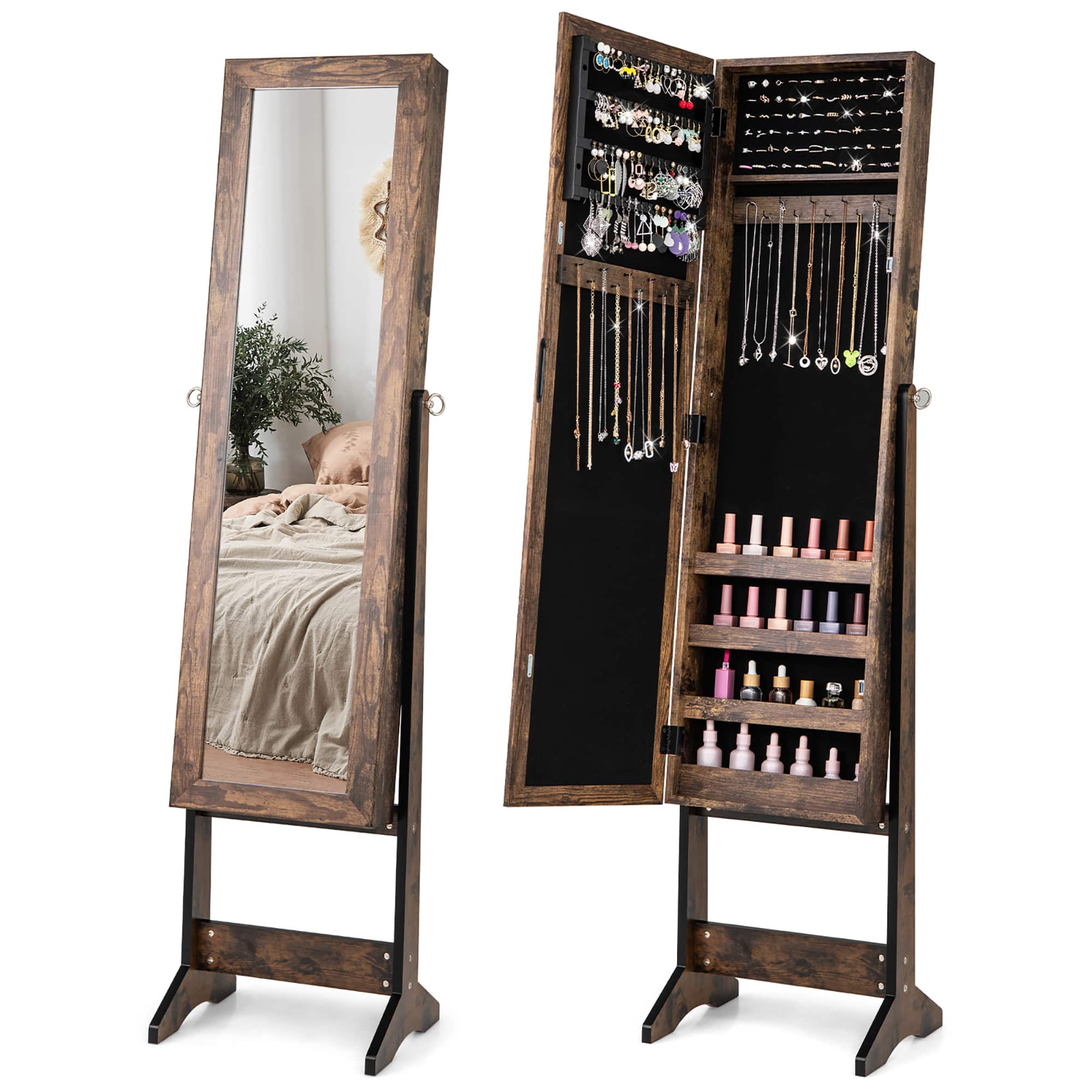 Gymax - Jewelry Mirrored Cabinet Armoire Organizer Storage Box w/ Stand Christmas Gift - Brown