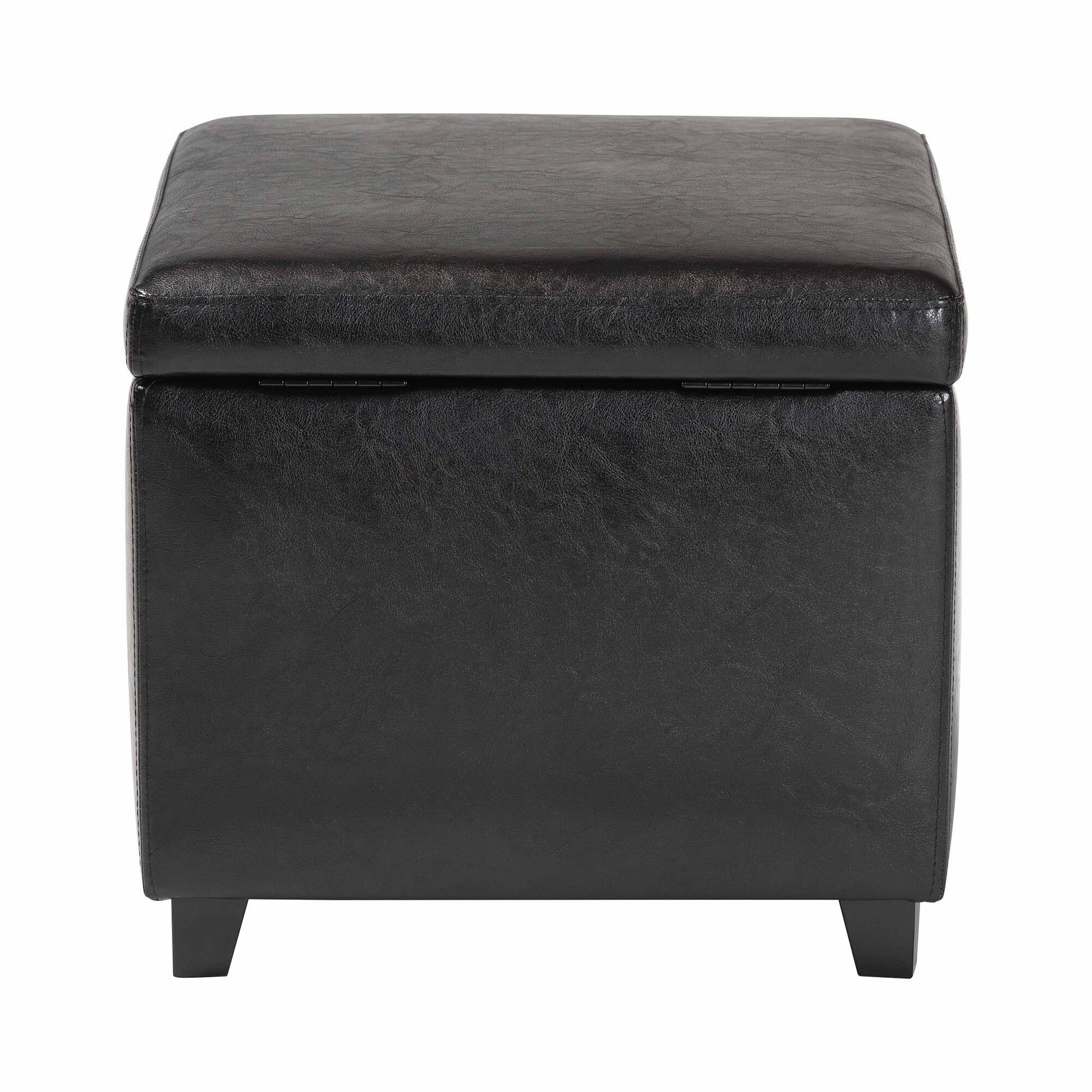 Back. Baxton Studio - Full Leather Small Storage Cube Ottoman - Black.