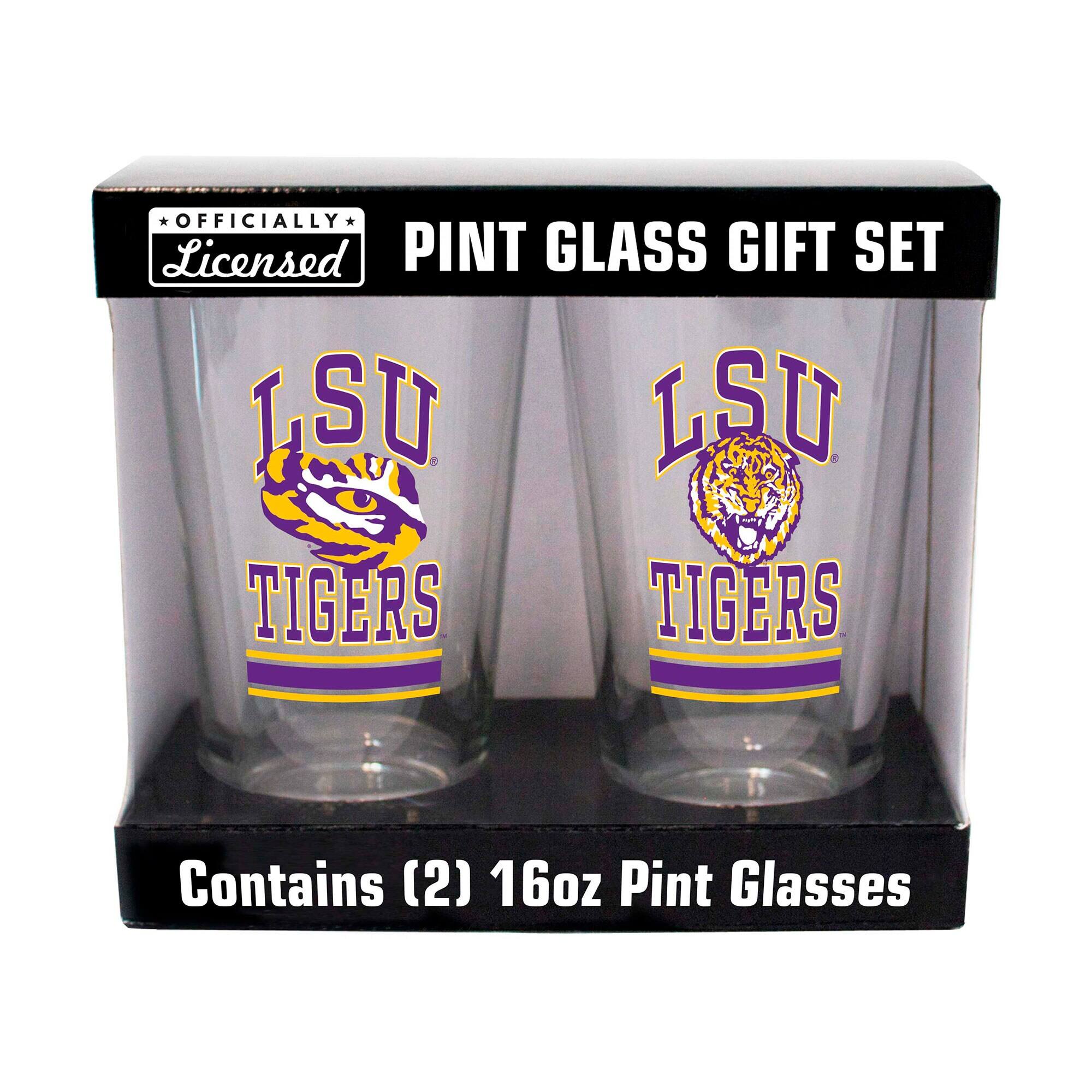 OFFICIALLY Licensed PINT GLASS GIFT SET  
LSU TIGERS  
Contains (2) 16oz Pint Glasses