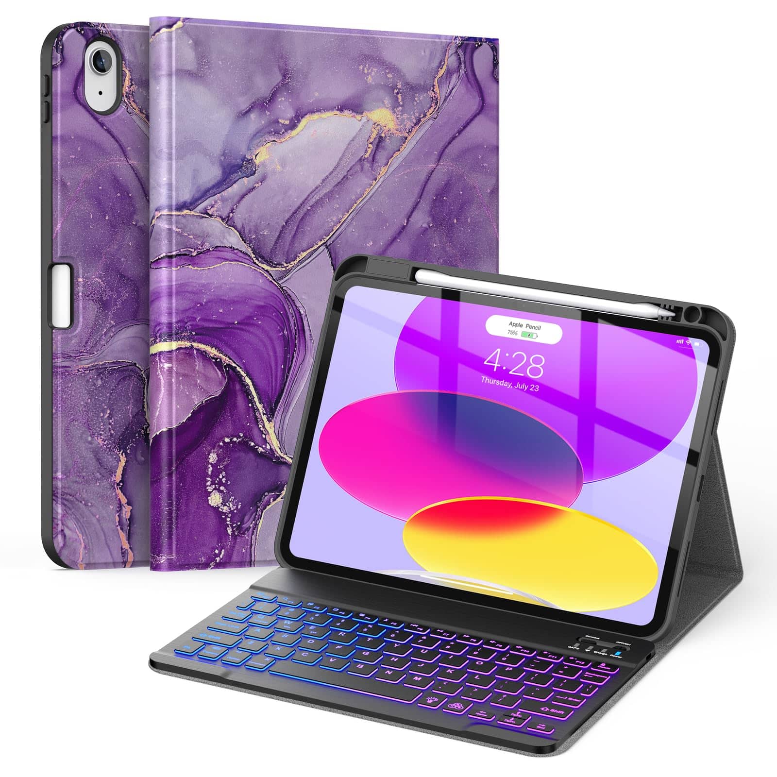Pacoar Cade - For Ipad (a16) 11th/10th Generation Case With Keyboard(2025/2022)-7 Color Backlight Wireless Detachable Folio Cover - Purple Marble