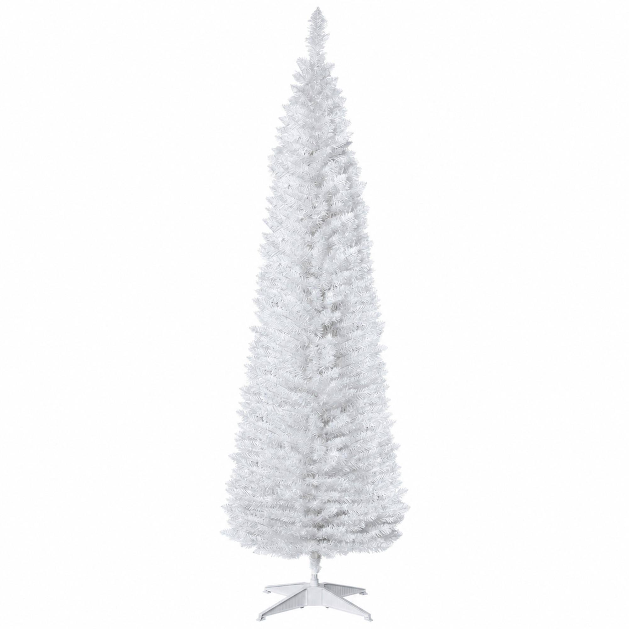 Front. RYHNUYNE - 7 Ft Slim Pencil White Artificial Christmas Tree With 499 Realistic Tips, Plastic Base Easy Setup Holiday Decor - White.