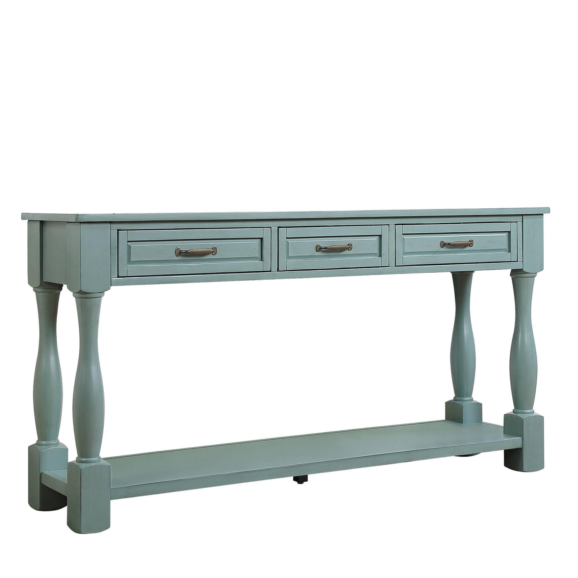 Alt View 4. GOODSILO - Extra-Long Wooden Console Table with Three Drawers and Bottom Shelf for Entryway or Hallway Use - Retro Blue.