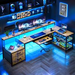 AODK - L-Shaped Reversible Computer Desk with LED Lights, File Drawer, Power Outlets, Storage Shelves & Keyboard Tray - Brown