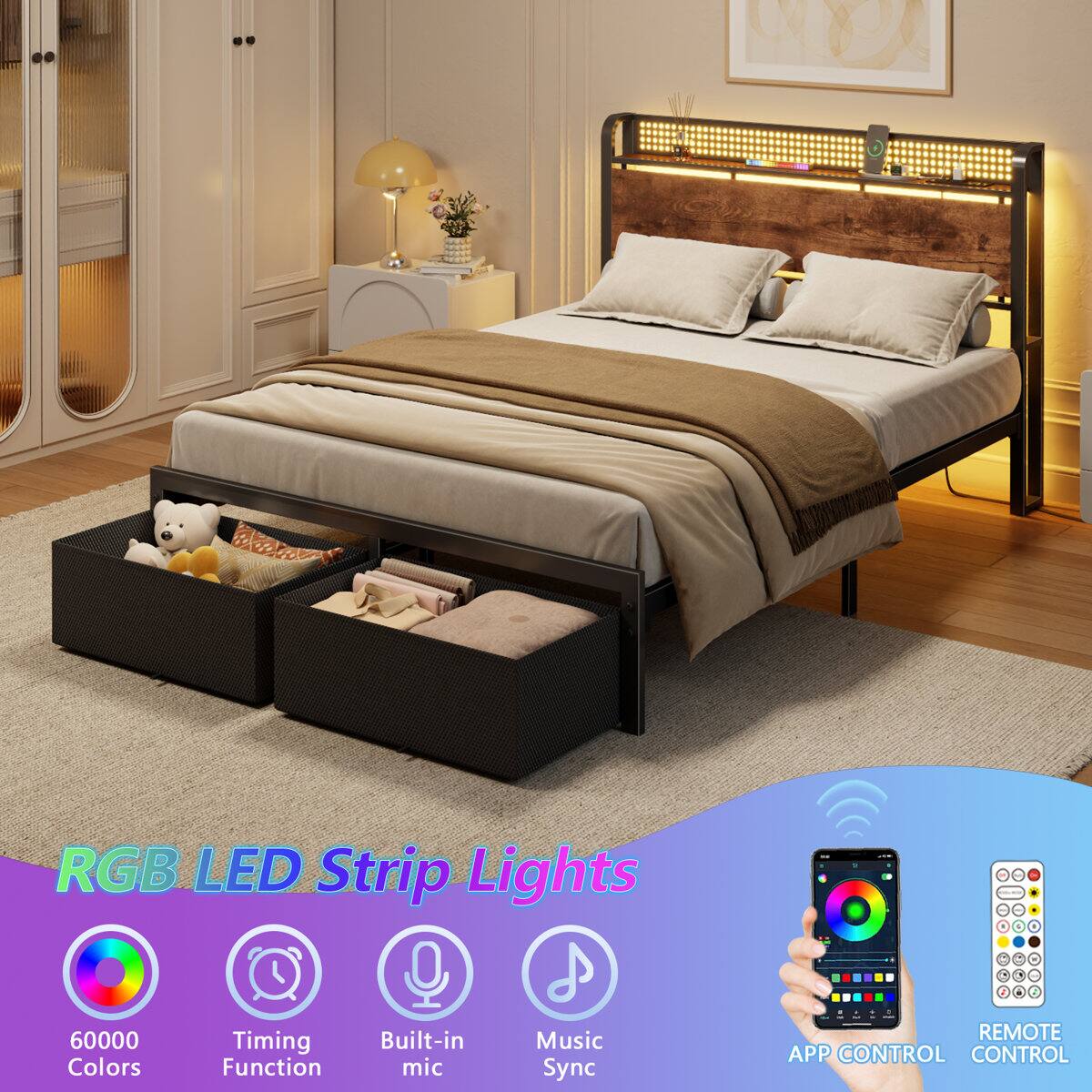 RGB LED Strip Lights - 60000 Colors Timing Function Built-in mic Music Sync REMOTE APP CONTROL