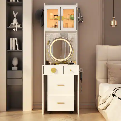 Alt View 2. Winado - Small Space Makeup Vanity Set LED Lighted Mirror Power Outlet & DIY Pegboard, Hidden Storage Under the Seat - White.