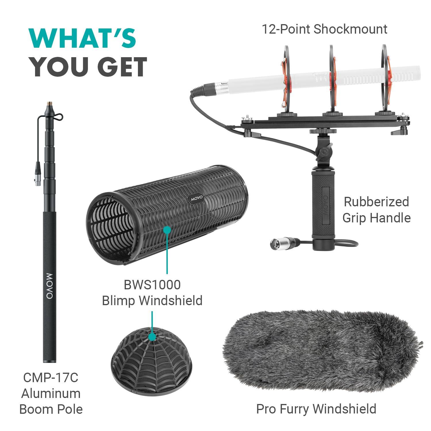 WHAT'S YOU GET

12-Point Shockmount

Rubberized Grip Handle

BWS1000 Blimp Windshield

CMP-17C Aluminum Boom Pole

Pro Furry Windshield