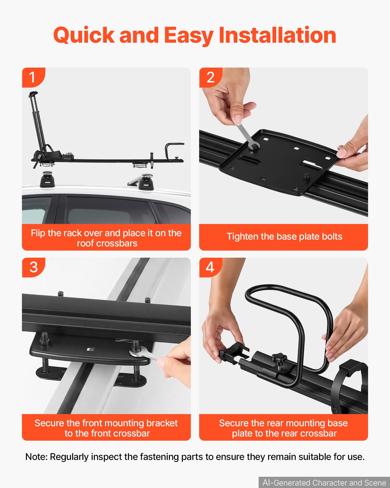 Quick and Easy Installation

1. Flip the rack over and place it on the roof crossbars
2. Tighten the base plate bolts
3. Secure the front mounting bracket to the front crossbar
4. Secure the rear mounting base plate to the rear crossbar

Note: Regularly inspect the fastening parts to ensure they remain suitable for use.