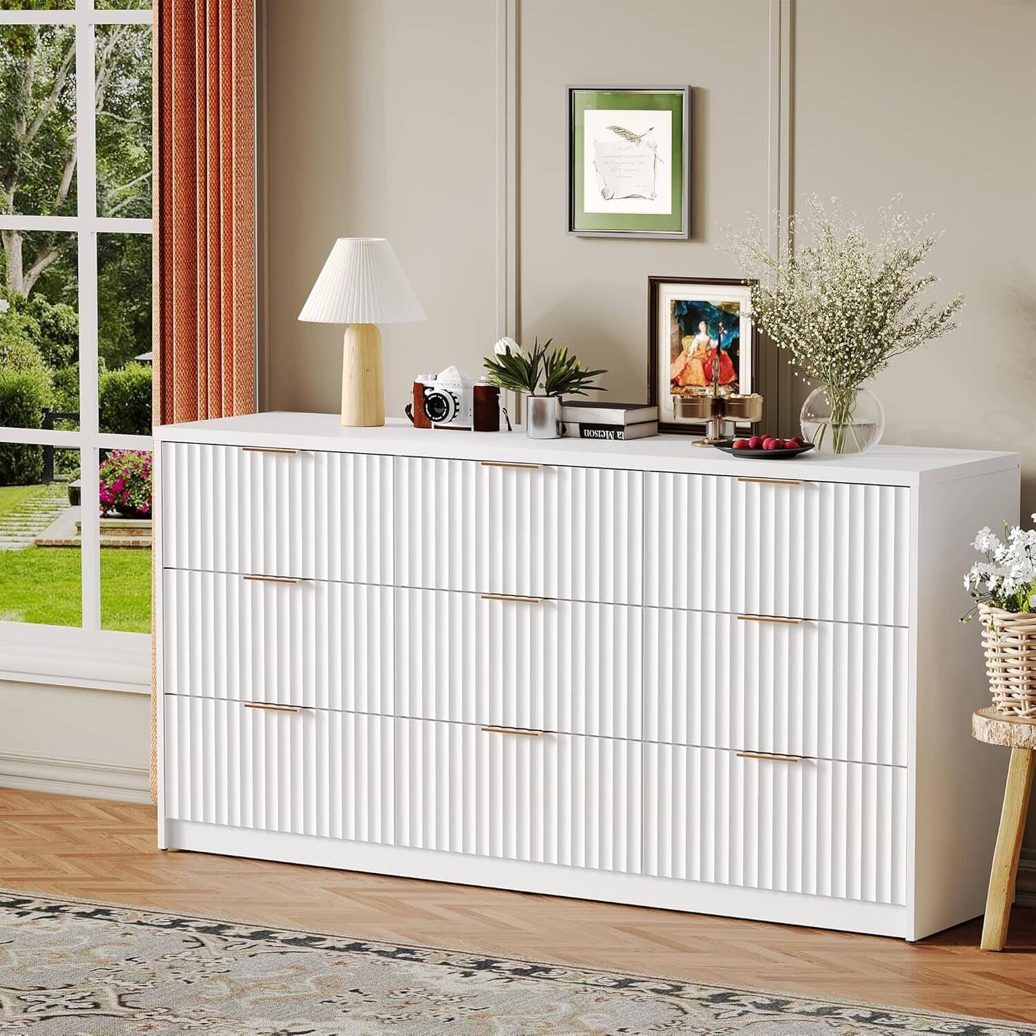 GARVEE - 9 Drawer Dresser for Bedroom Storage, Modern Dressers & Chests of Drawers with Fluted Front, Versatile Dresser - White