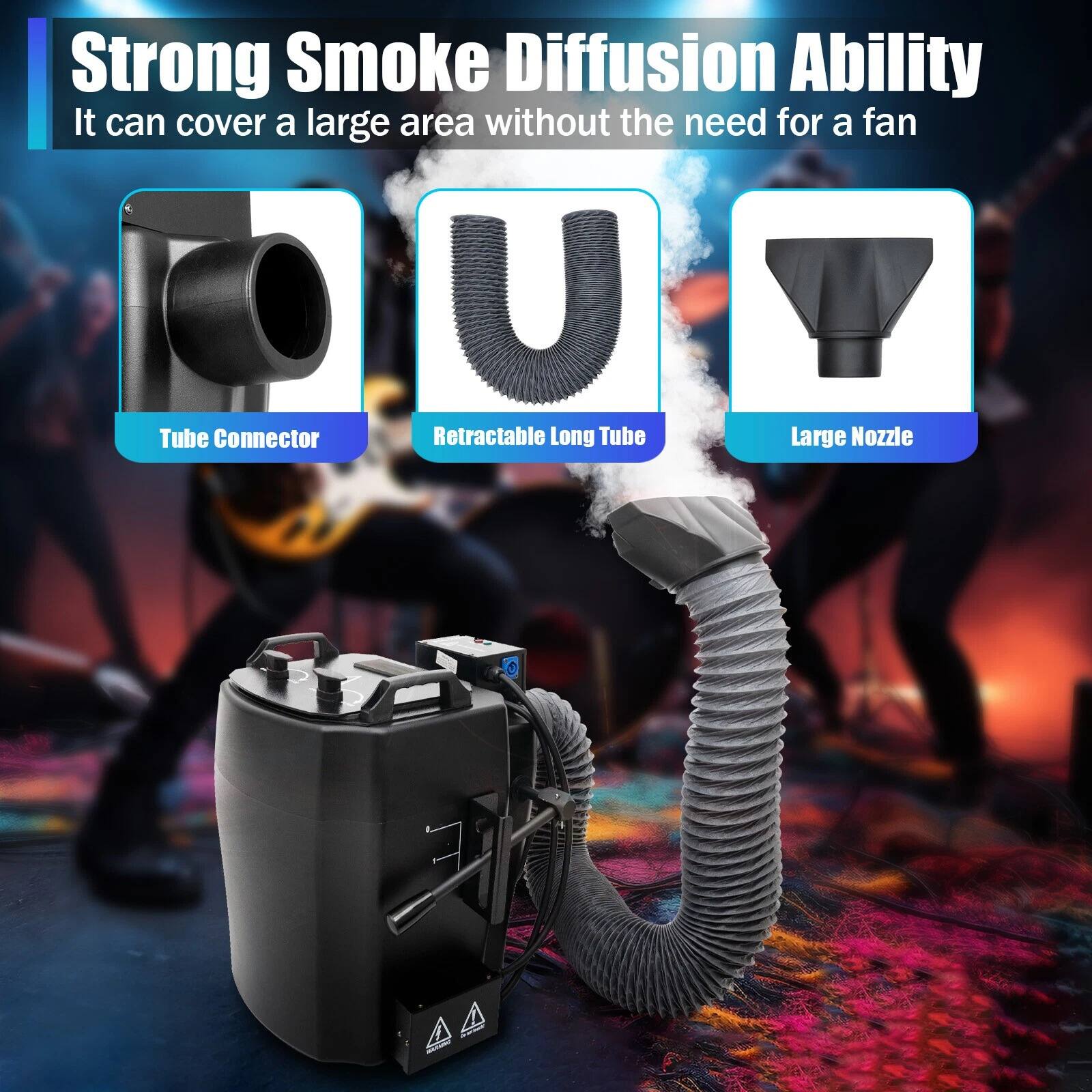 Strong Smoke Diffusion Ability  
It can cover a large area without the need for a fan  

- Tube Connector  
- Retractable Long Tube  
- Large Nozzle