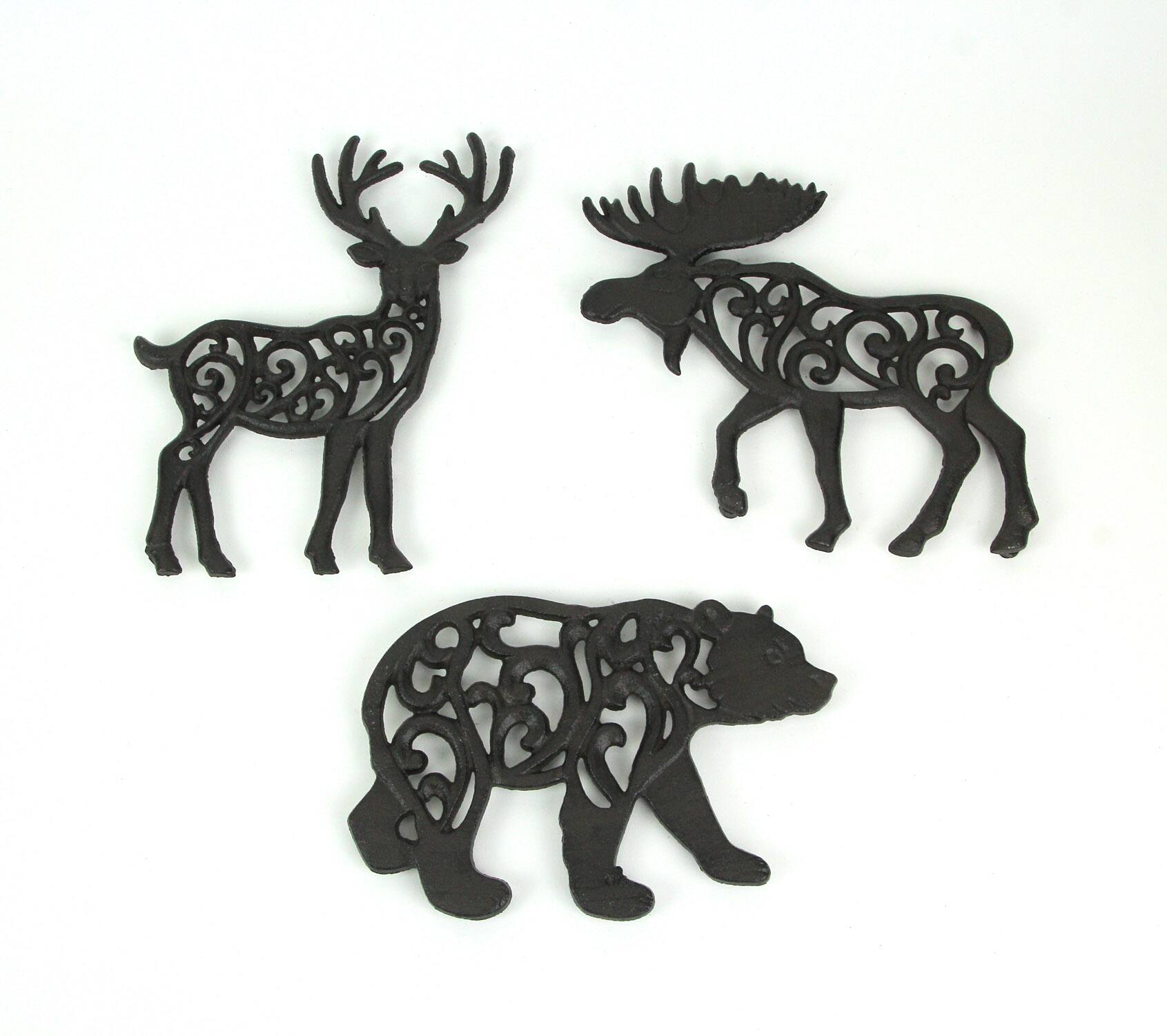Alt View 2. Zeckos - Set of 3 Cast Iron Lodge Design Kitchen Trivets Wall Hanging Art Deer Moose Bear - Brown.