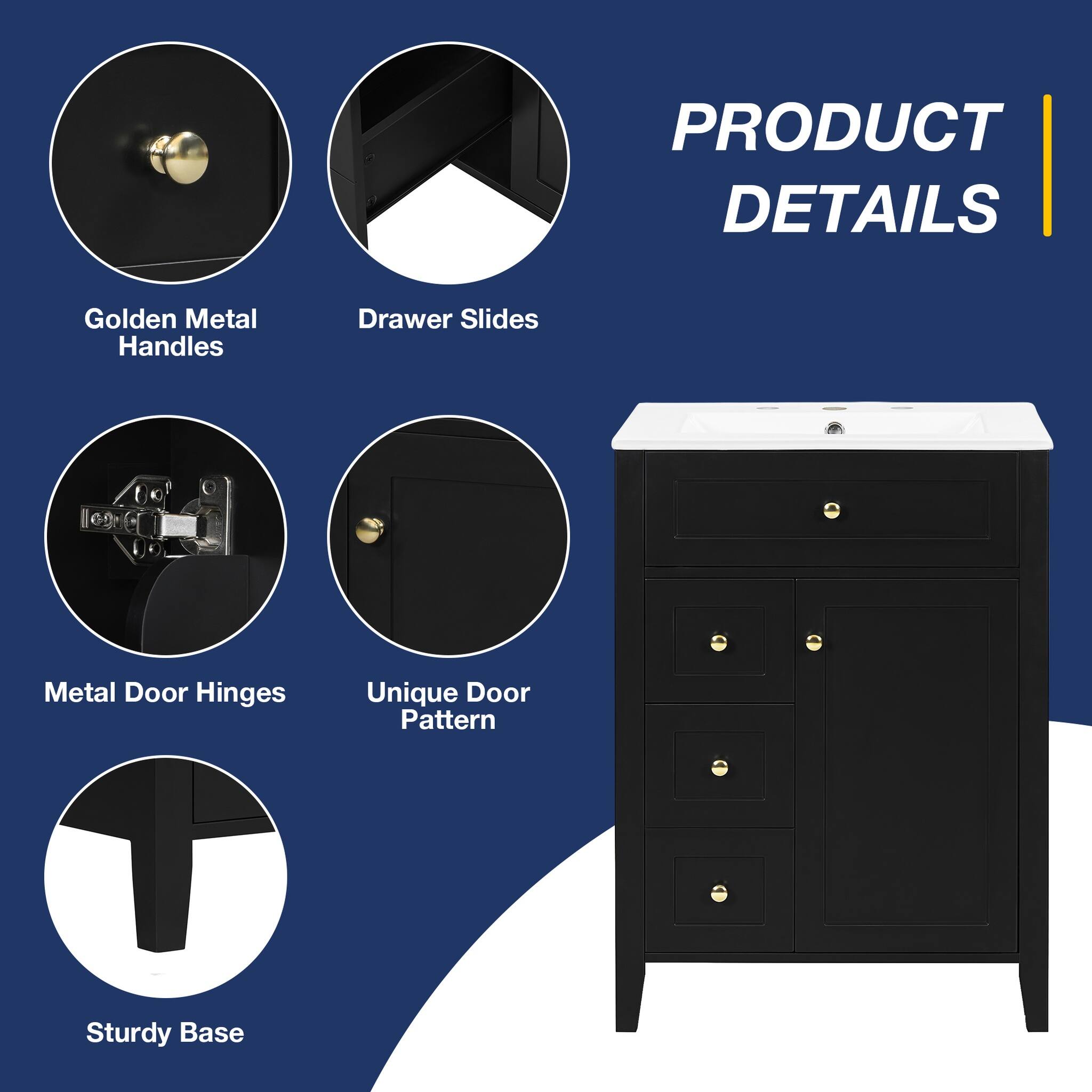 PRODUCT DETAILS

- Golden Metal Handles
- Drawer Slides
- Metal Door Hinges
- Unique Door Pattern
- Sturdy Base