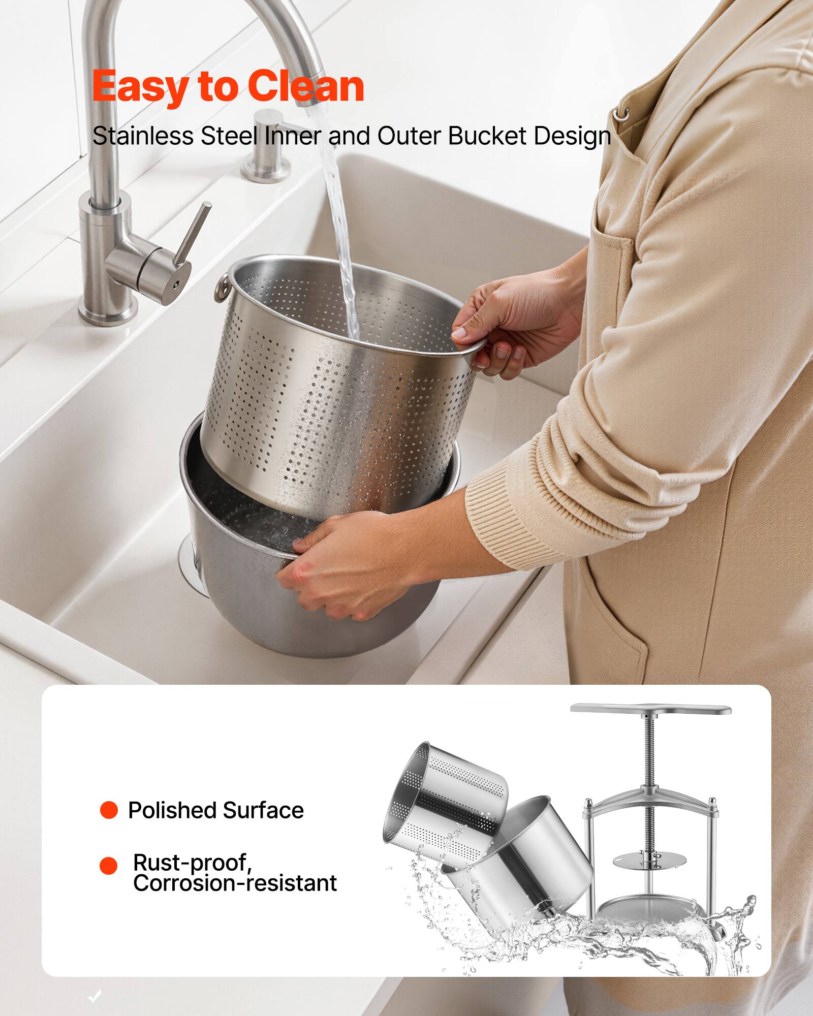 Easy to Clean Stainless Steel Inner and Outer Bucket Design Polished Surface Rust-proof, Corrosion-resistant