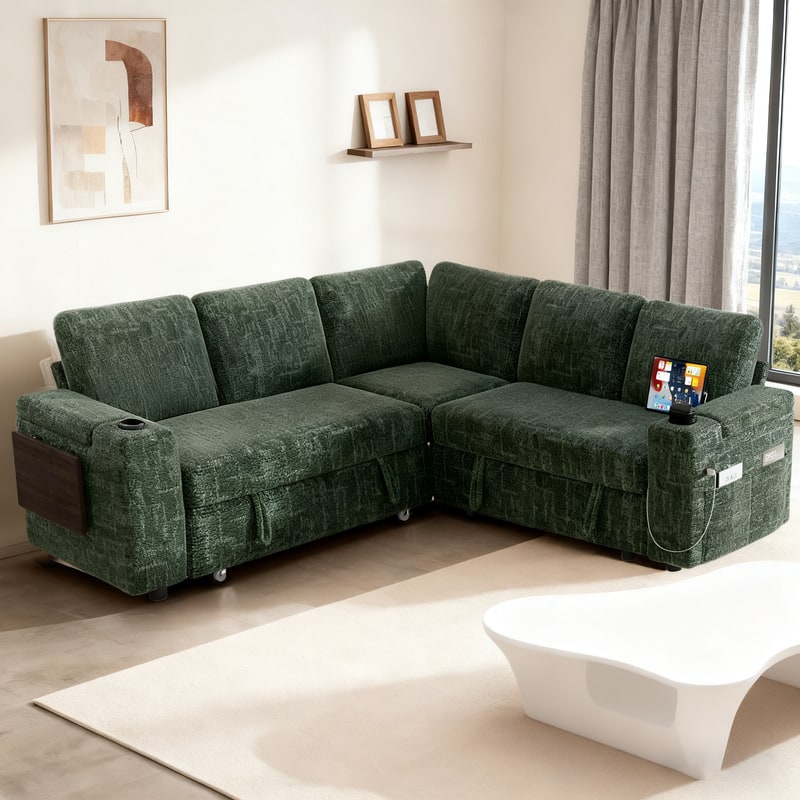 Front. Vipbear - 110" Modular Sectional Sofa with Pull Out Bed,Chenille Fabric 7 Seat Sectional Sleeper Sofa with Storage,for Living Room - Green.