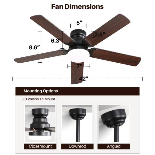 Fan Dimensions: 5" x 9.6" x 6.3" x 2.6" x 7" x 42"  
Mounting Options: 3 Position Tri-Mount, Closemount, Downrod, Angled