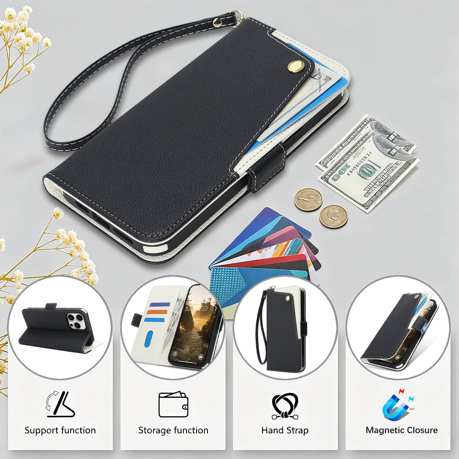 07 aae   OU I 5S0R3 S S urre - RETEEREO 5dn 11:34 a m Support function Storage function CW- Hand Strap Magnetic Closure
