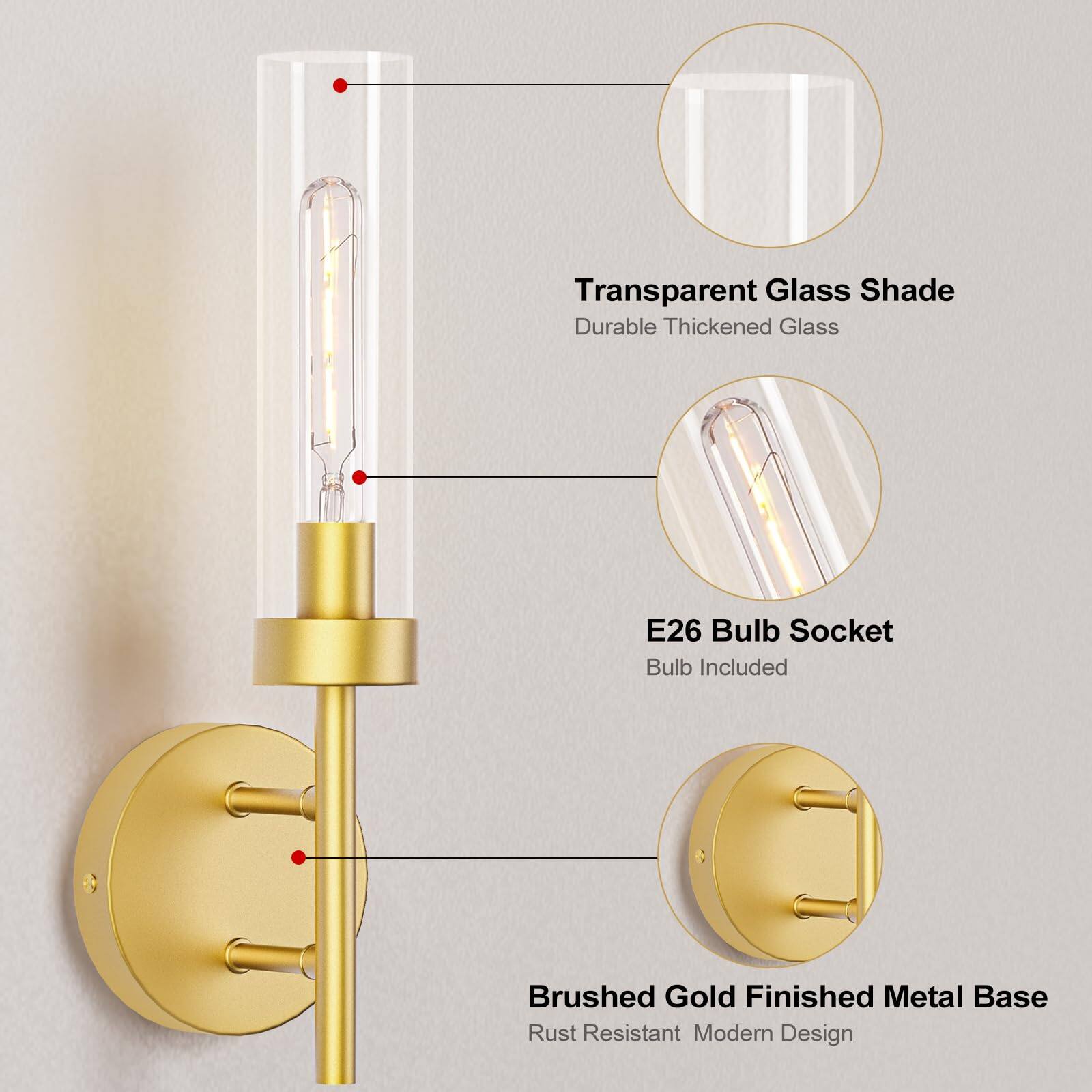 Transparent Glass Shade  
Durable Thickened Glass  

E26 Bulb Socket  
Bulb Included  

Brushed Gold Finished Metal Base  
Rust Resistant  
Modern Design