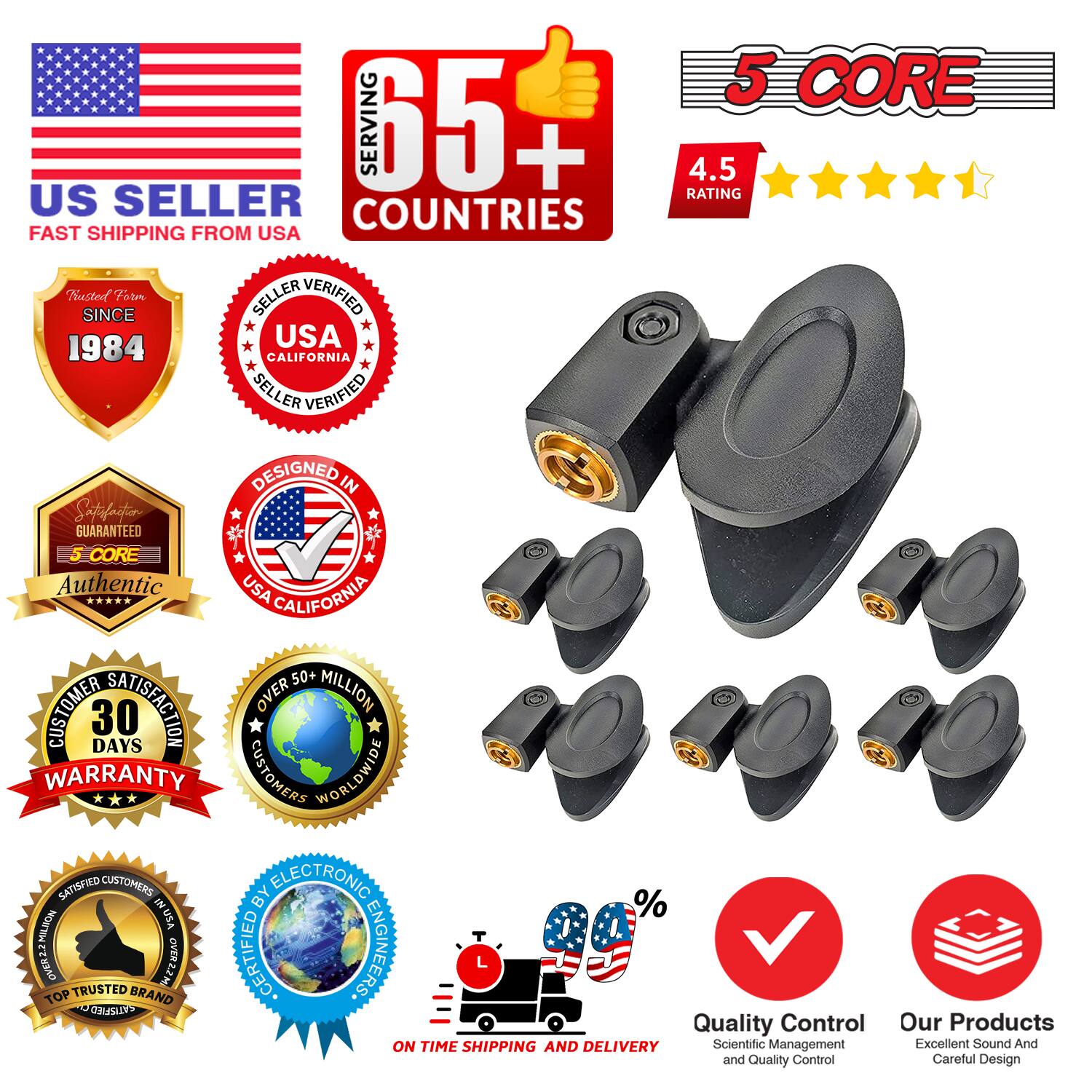 Here is the corrected and grouped text from the image:

---

**5 CORE SERVING**

- **65+ COUNTRIES**
- **4.5 RATING**
- **US SELLER**
- **FAST SHIPPING FROM USA**
- **TRUSTED SINCE 1984**
- **USA CALIFORNIA SELLER VERIFIED**
- **DESIGNED IN USA CALIFORNIA**
- **5 CORE AUTHENTIC**
- **50+ CUSTOMER SATISFACTION**
- **OVER MILLION CUSTOMERS WORLDWIDE**
- **30 DAYS WARRANTY**
- **SATISFIED CUSTOMERS BY ELECTRONIC**
- **CERTIFIED ENGINEERS**
- **TOP TRUSTED BRAND**
- **QUALITY CONTROL**
- **ON TIME SHIPPING AND DELIVERY**
- **SCIENTIFIC MANAGEMENT**
- **EXCELLENT SOUND AND QUALITY CONTROL**
- **CAREFUL DESIGN**

---

This text highlights the seller's credentials, product features, and customer satisfaction.