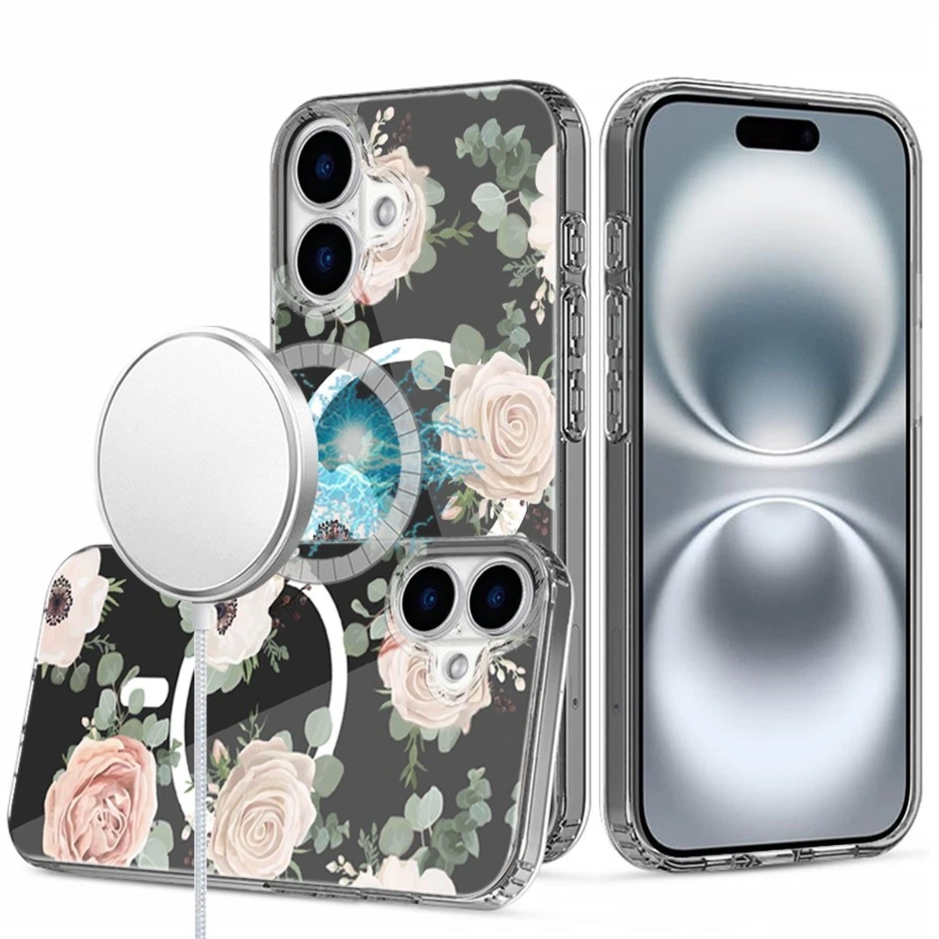 Kitcheniva - Floral Print Magnetic Circle Clear Case With Tempered Glass For iPhone 16 A - Multicolor