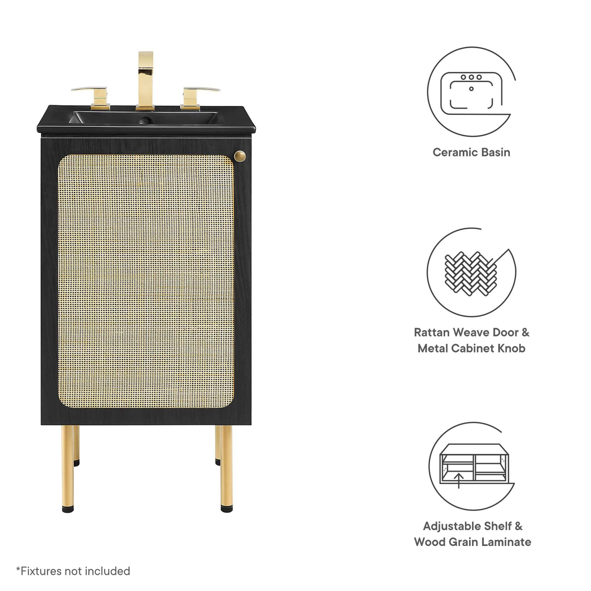 Ceramic Basin  
Rattan Weave Door & Metal Cabinet Knob  
Adjustable Shelf & Wood Grain Laminate  

*Fixtures not included
