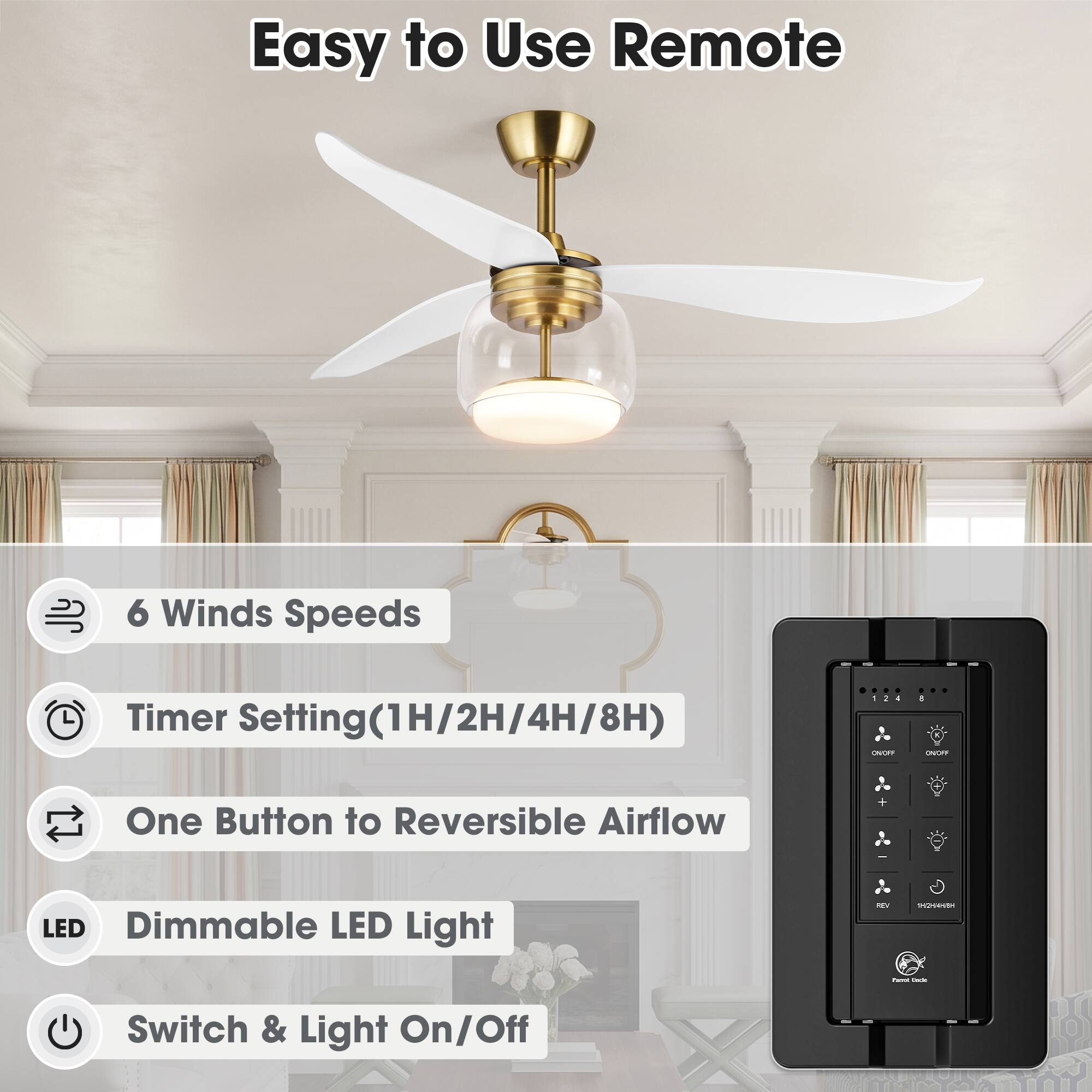 Easy to Use Remote

- 6 Winds Speeds
- Timer Setting (1H/2H/4H/8H)
- One Button to Reversible Airflow
- Dimmable LED Light
- Switch & Light On/Off
