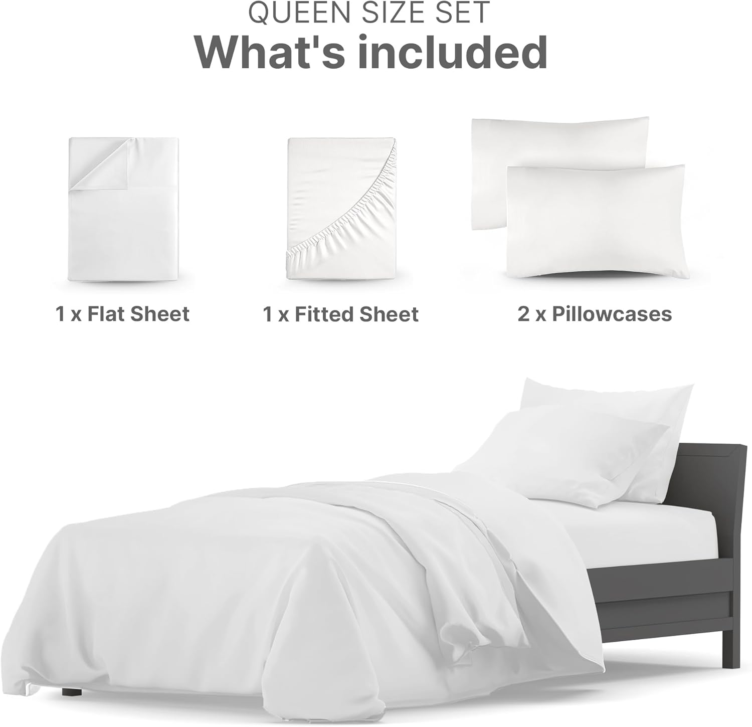 QUEEN SIZE SET  
What's included  
1 x Flat Sheet  
1 x Fitted Sheet  
2 x Pillowcases
