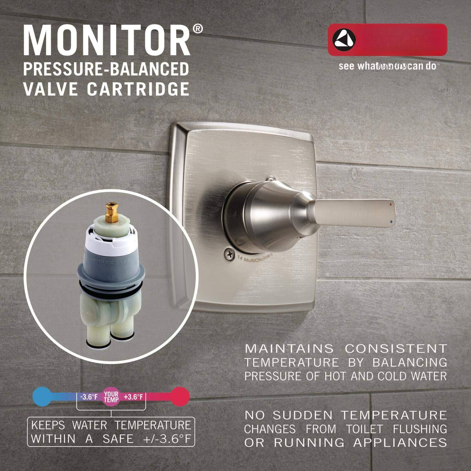 **MONITOR® PRESSURE-BALANCED VALVE CARTRIDGE**

- **MAINTAINS CONSISTENT TEMPERATURE BY BALANCING PRESSURE OF HOT AND COLD WATER**
- **KEEPS WATER TEMPERATURE WITHIN A SAFE +/-3.6°F**
- **NO SUDDEN TEMPERATURE CHANGES FROM TOILET FLUSHING OR RUNNING APPLIANCES**

*see what monitor can do*