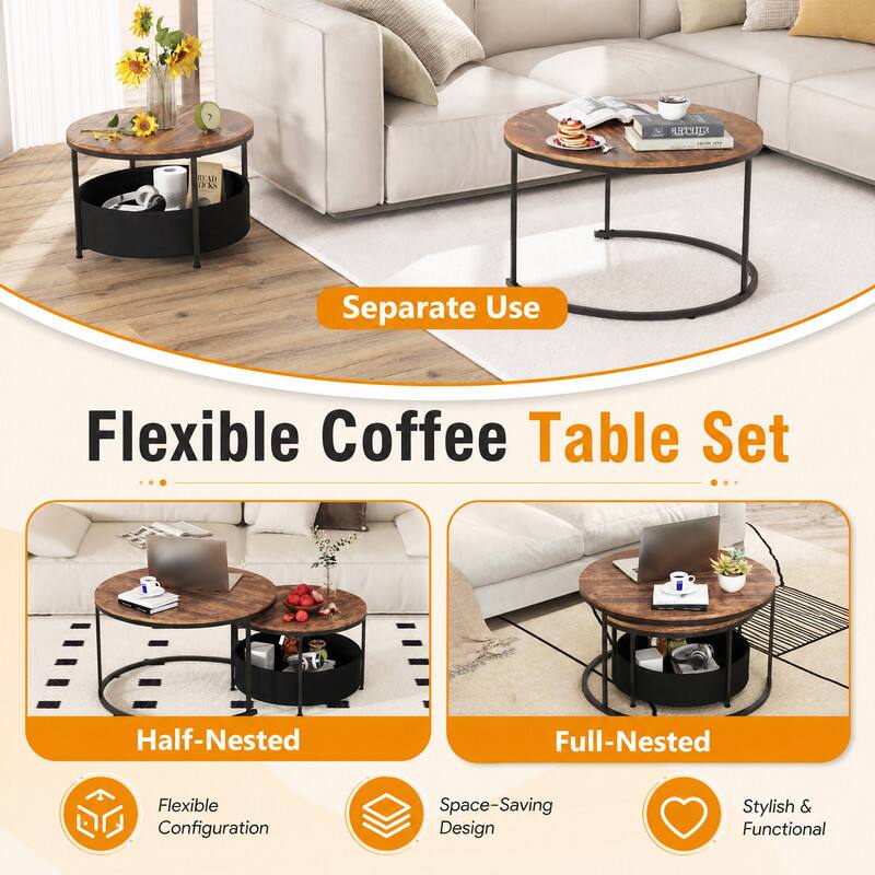 WELLFOR Round Coffee Table Set of 2 , Circle Cocktail Table with Fabric ...