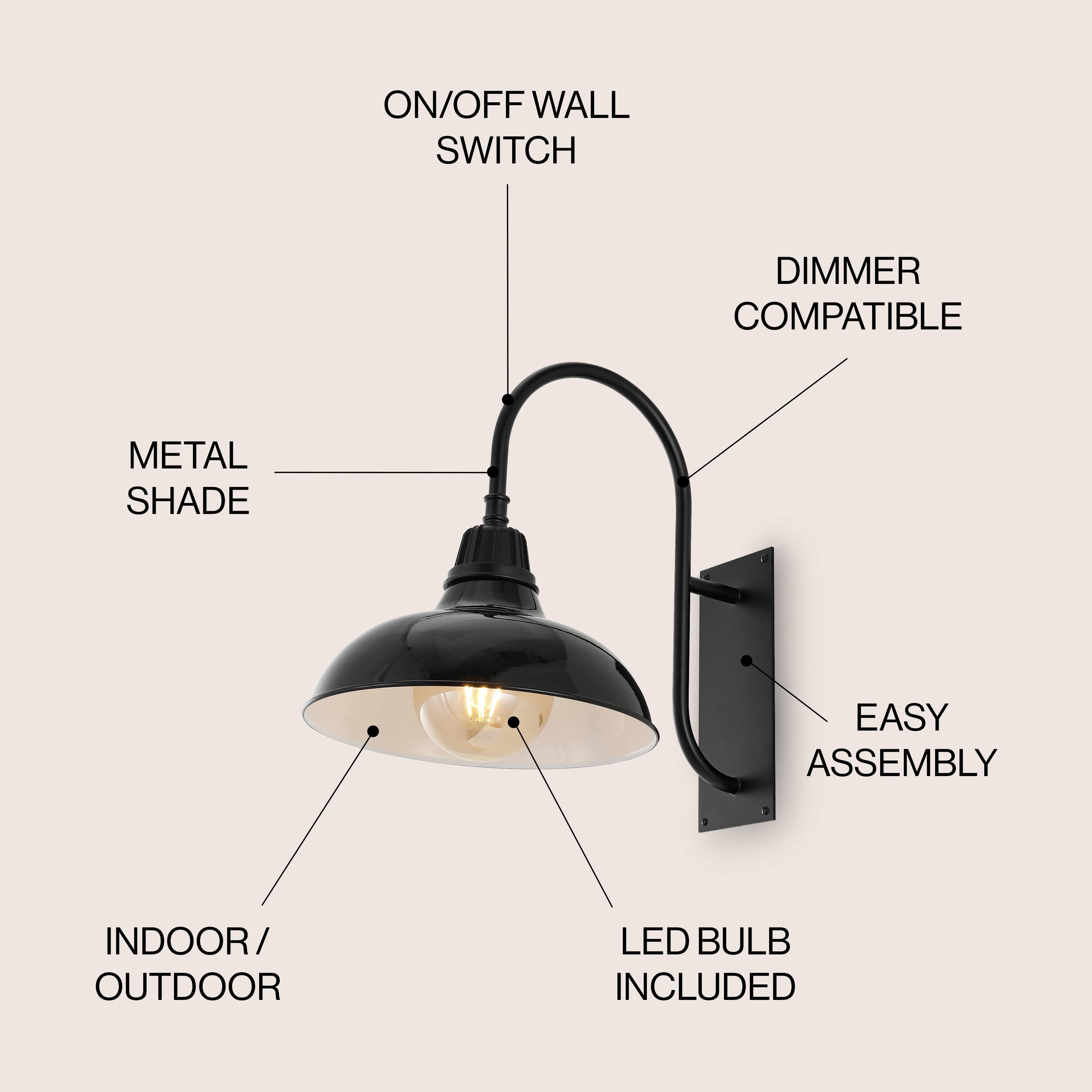 ON/OFF WALL SWITCH  
DIMMER COMPATIBLE  
METAL SHADE  
EASY ASSEMBLY  
INDOOR/OUTDOOR  
LED BULB INCLUDED