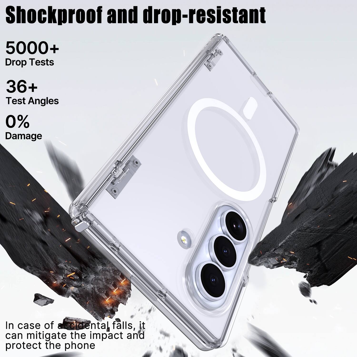 Shockproof and drop-resistant

5000+ Drop Tests

36+ Test Angles

0% Damage

In case of accidental falls, it can mitigate the impact and protect the phone