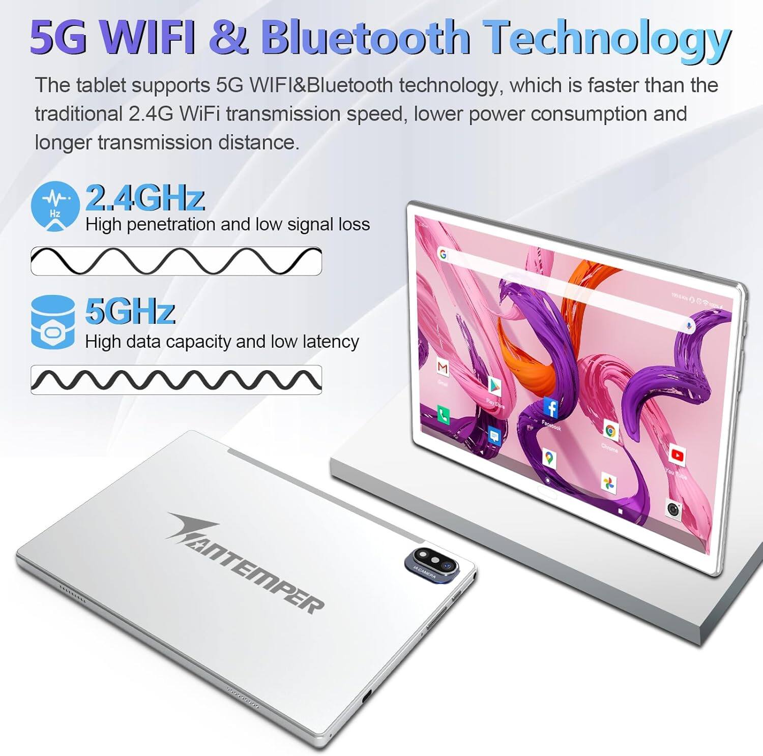 5G WIFI & Bluetooth Technology

The tablet supports 5G WIFI&Bluetooth technology, which is faster than the traditional 2.4G WiFi transmission speed, lower power consumption and longer transmission distance.

- **2.4GHz**
  - High penetration and low signal loss

- **5GHz**
  - High data capacity and low latency

**ANTEMPER**