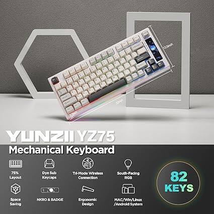 13.5-inch 9 a W - 9 e c 4 H 9 32nch YUNZII YZ75 Mechanical Keyboard 75% Layout Space Saving Dye Sub Keycaps NKRO & BADGE Tri-Mode Wireless South-Facing Connection RGB Ergonomic MAC/Win/Linux Design / Android System 82 Keys