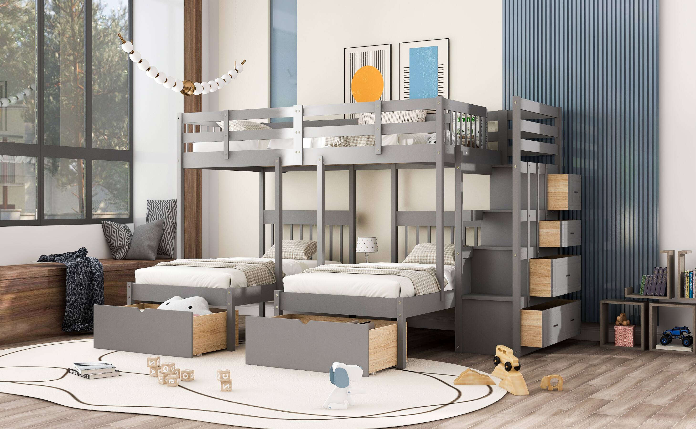 Left. Tiramisubest - Full Over Twin & Twin Wood Triple Bunk Bed, Gray: Space-Saving, Sturdy & Safe - Gray.