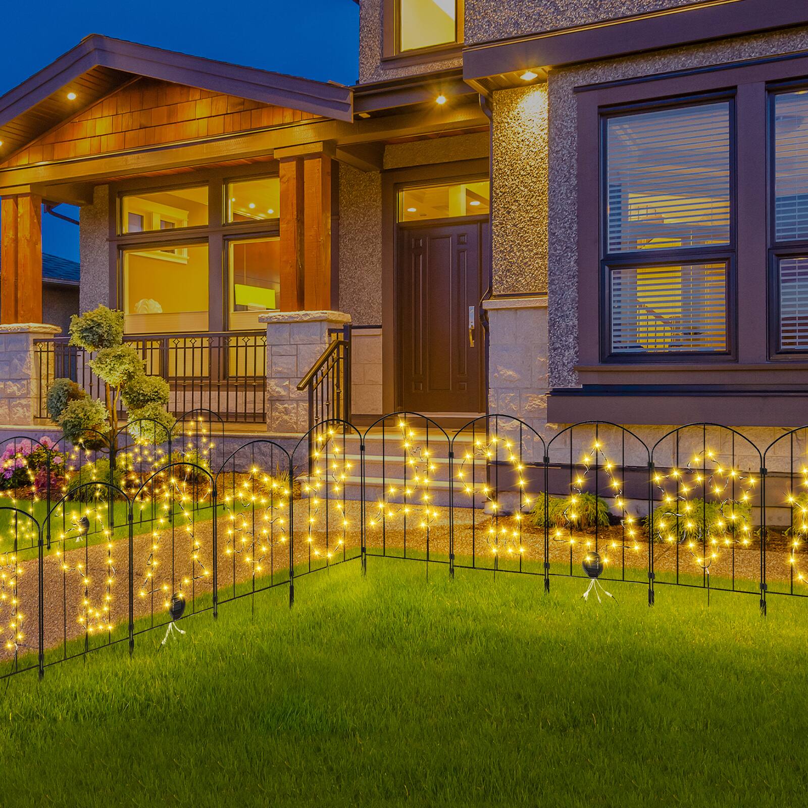 Alt View 3. Oumilen - 10 Pack Solar Christmas Tree Metal Garden Fence Panels, Lighted Decorative Border Stakes for Yard Holiday Outdoor Decor.