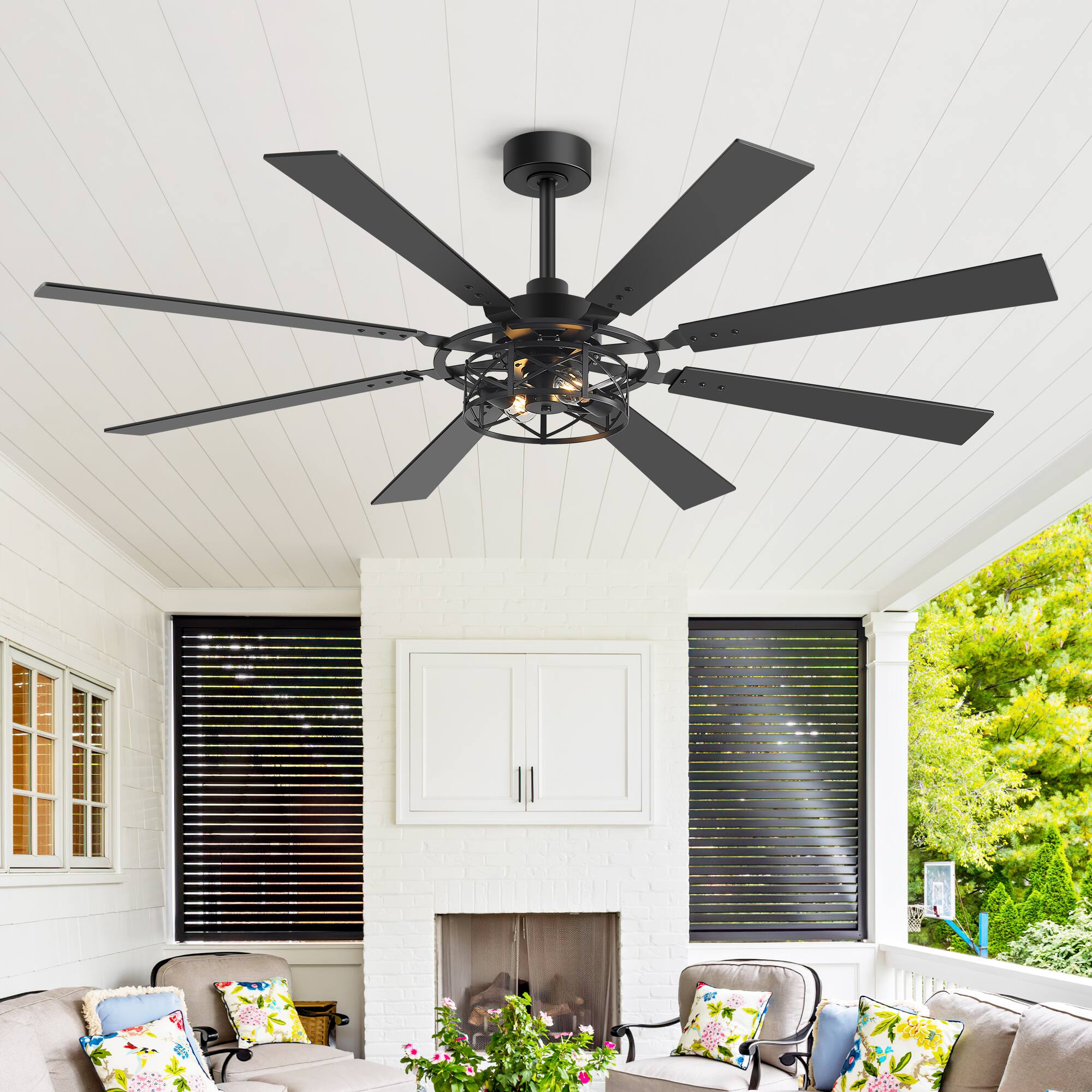 Back. Breezary - 65-Inch Traditional Ceiling Fan with Dual Bulb Light Kit, 8 Reversible Blades, DC Motor, 6 Speeds, Remote & Timer - Black and Walnut.